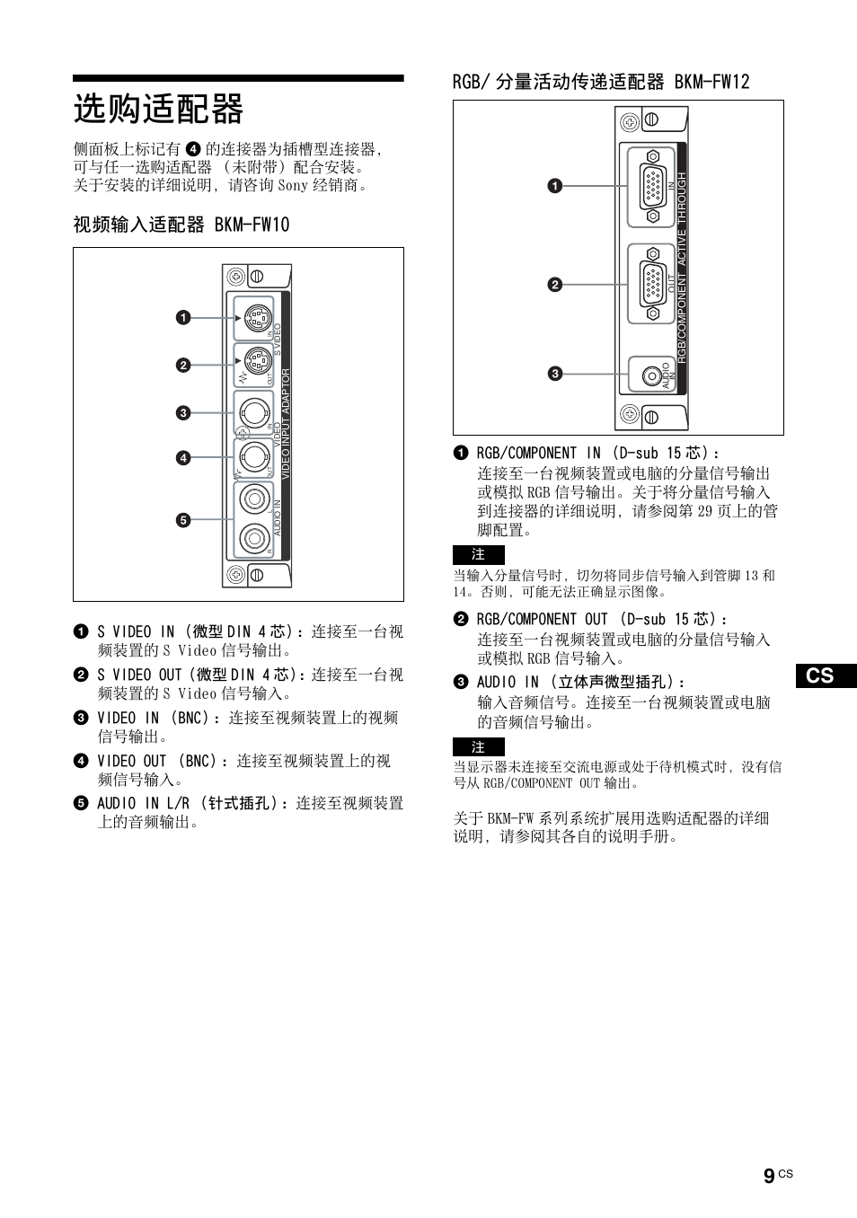 选购适配器, 视频输⼊适配器 bkm-fw10, Rgb/ 分量活动传递适配器 bkm-fw12 | Sony KLH-W26 User Manual | Page 191 / 215