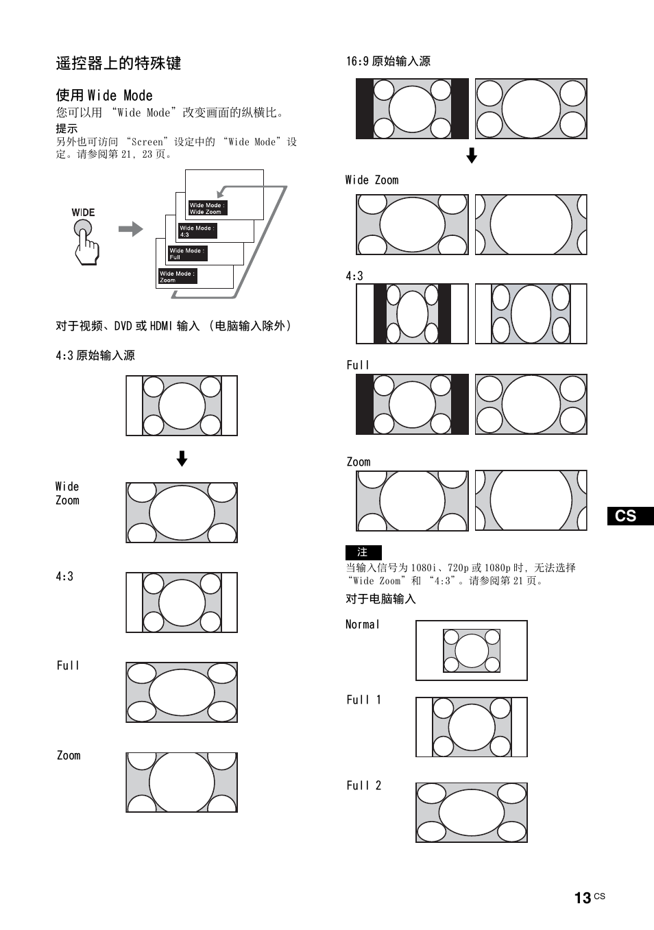 遥控器上的特殊键, 使⽤ wide mode, Cs 遥控器上的特殊键 | Sony KLH-W26 User Manual | Page 195 / 215