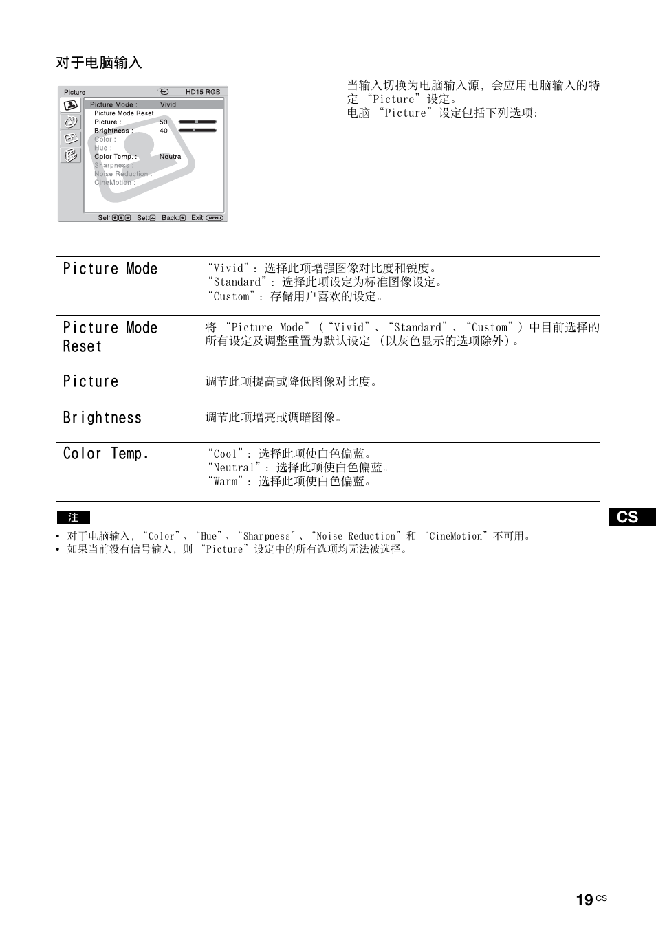 Picture mode, Picture mode reset, Picture | Brightness, Color temp, 对于电脑输 | Sony KLH-W26 User Manual | Page 201 / 215