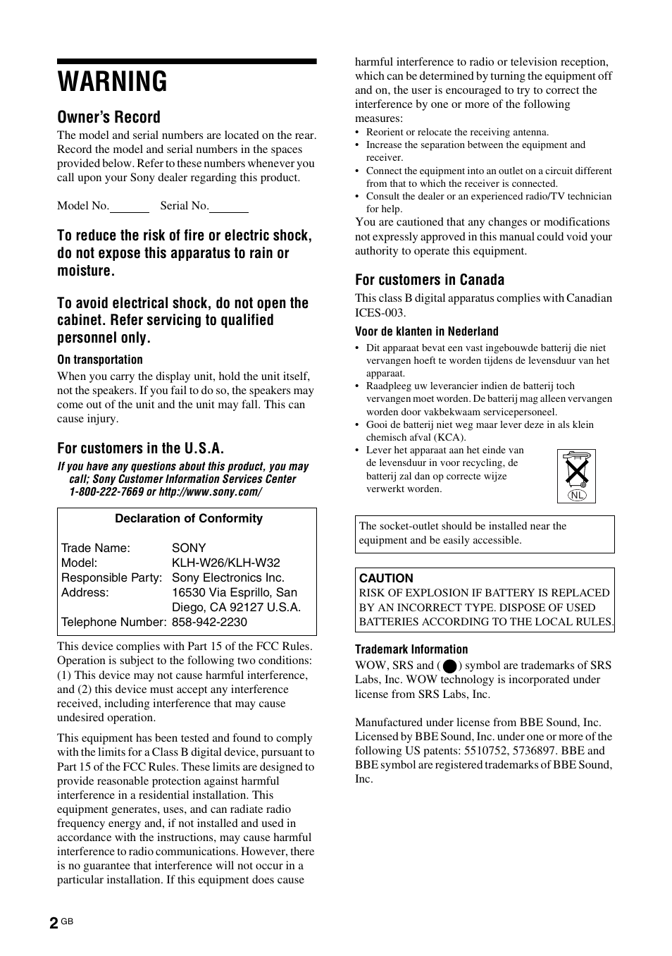 Warning, Owner’s record | Sony KLH-W26 User Manual | Page 34 / 215