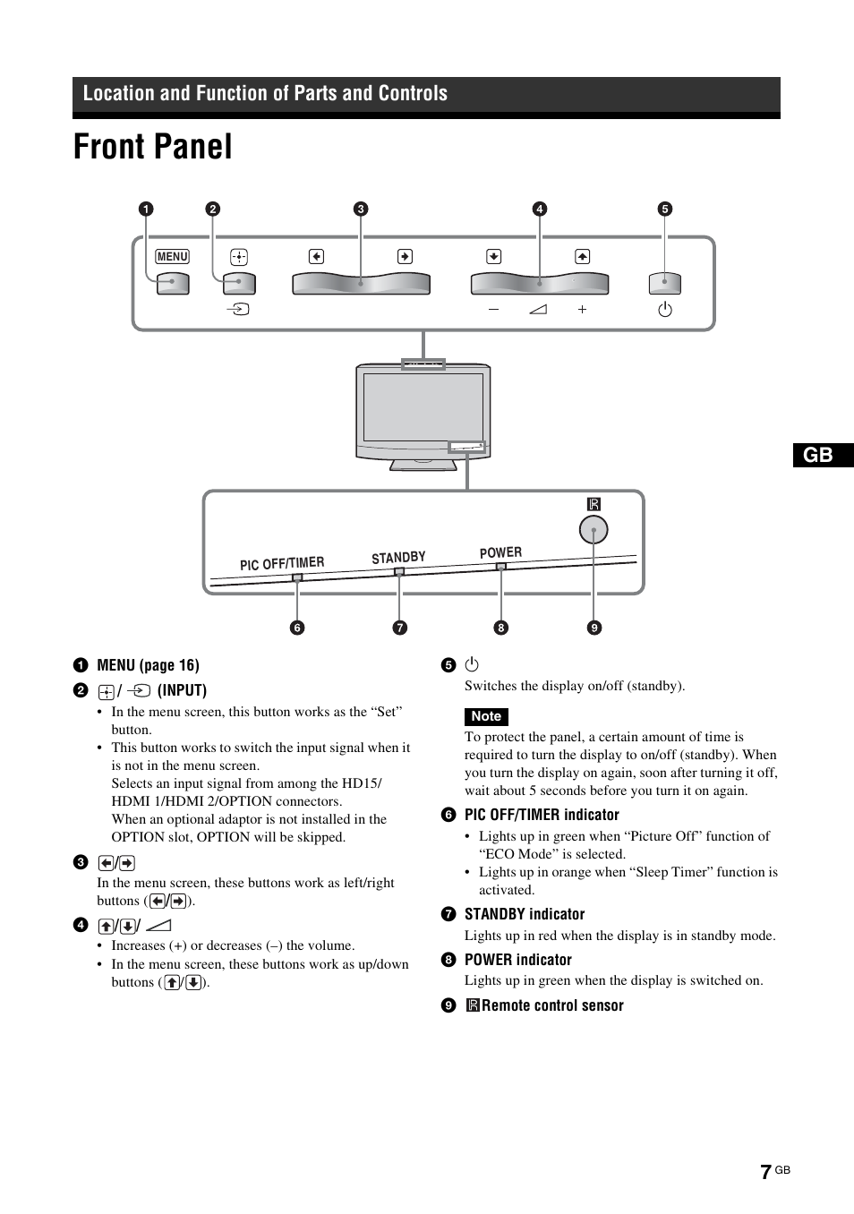 Location and function of parts and controls, Front panel | Sony KLH-W26 User Manual | Page 39 / 215