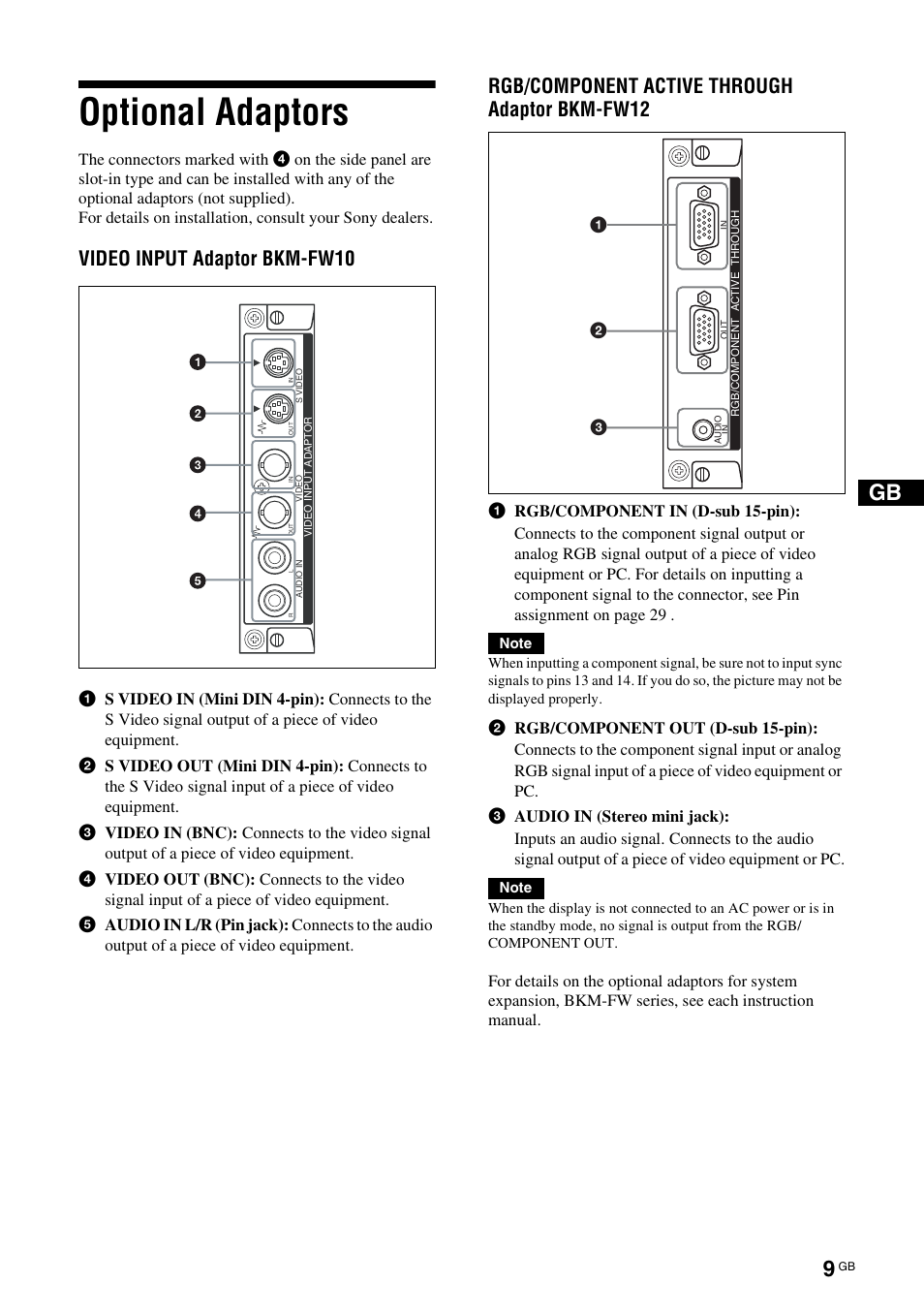 Optional adaptors, Video input adaptor bkm-fw10, Rgb/component active through adaptor bkm-fw12 | Sony KLH-W26 User Manual | Page 41 / 215