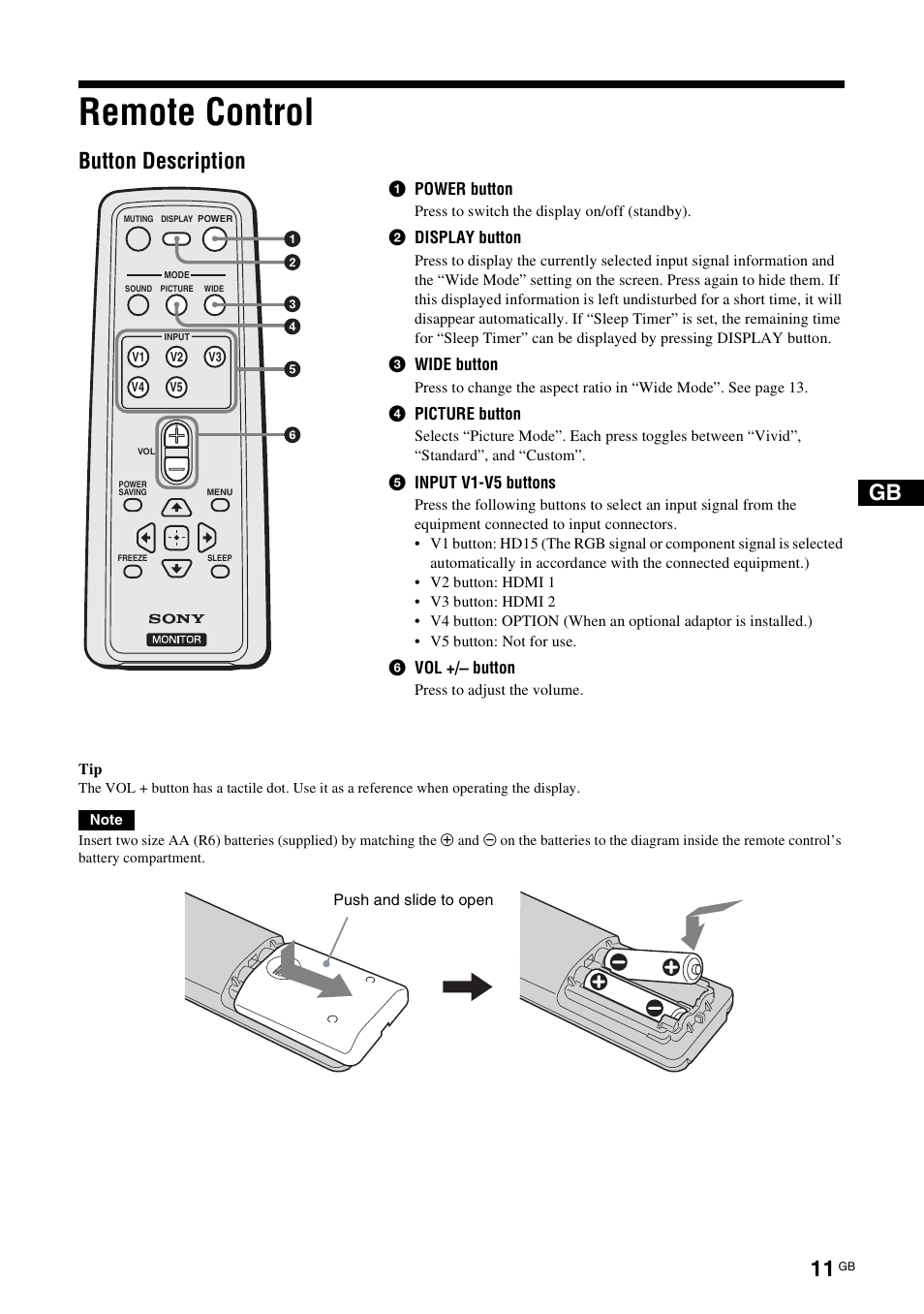 Remote control, Button description | Sony KLH-W26 User Manual | Page 43 / 215