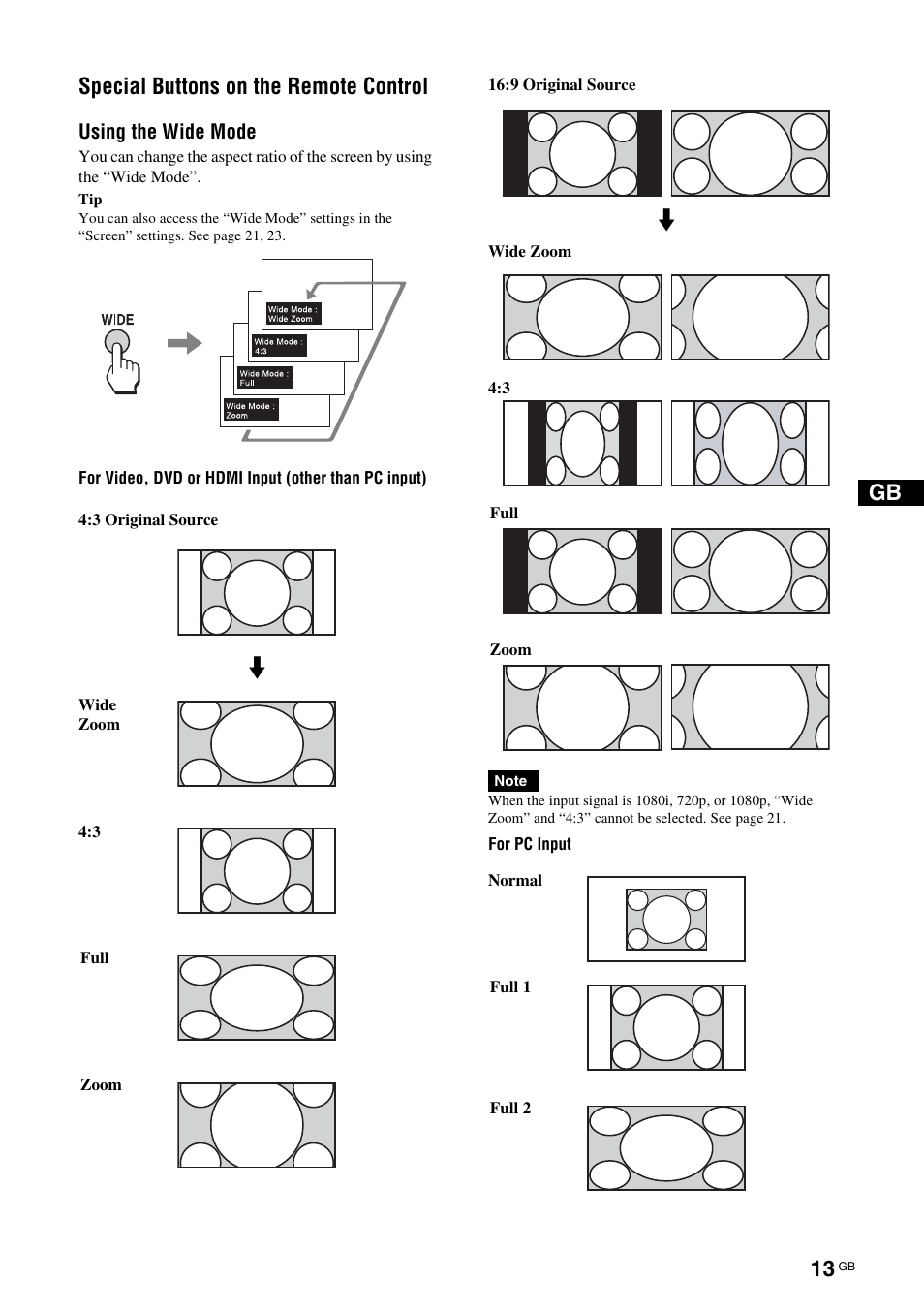Special buttons on the remote control, Using the wide mode, Gb special buttons on the remote control | Sony KLH-W26 User Manual | Page 45 / 215