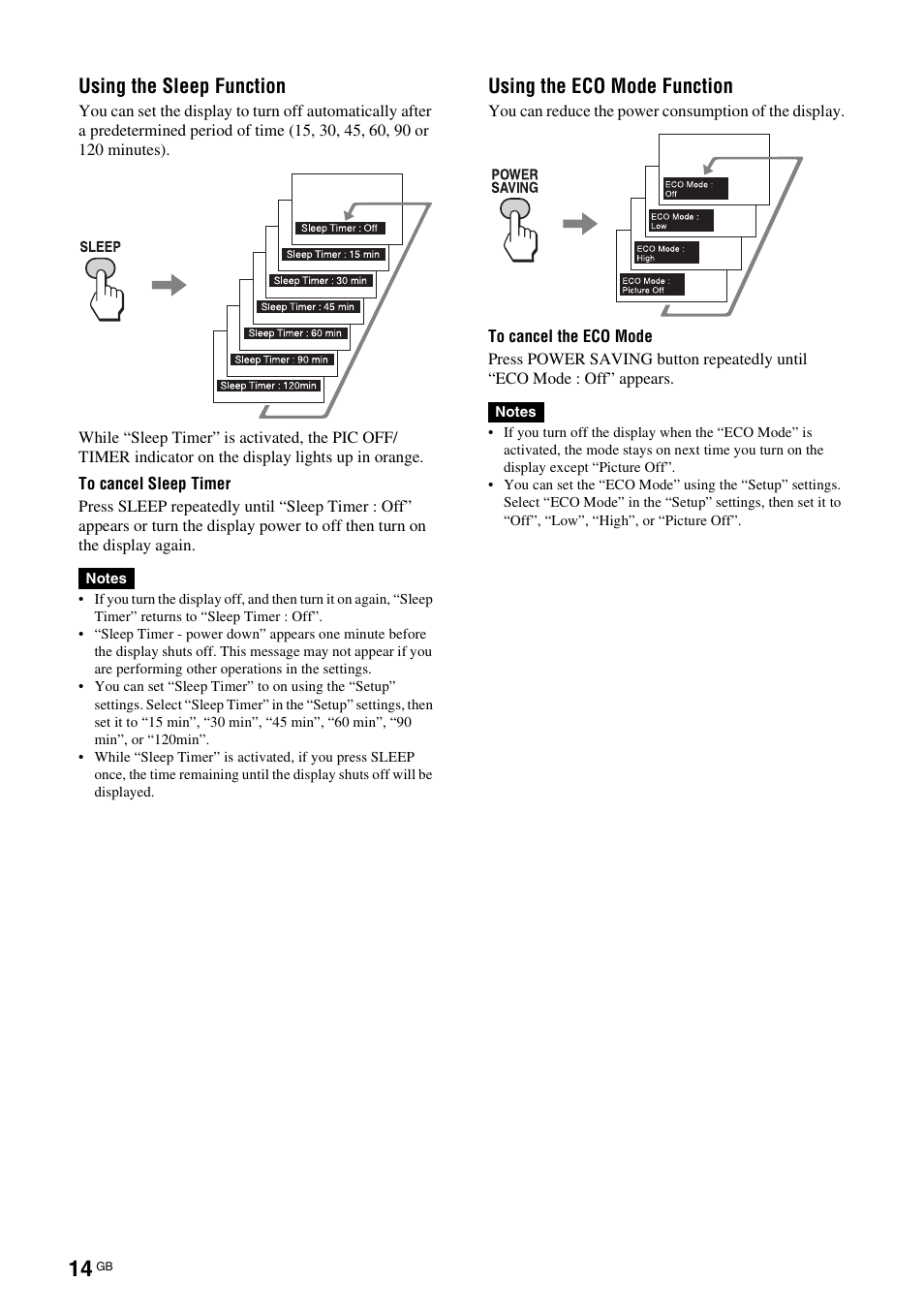 Using the sleep function, Using the eco mode function | Sony KLH-W26 User Manual | Page 46 / 215