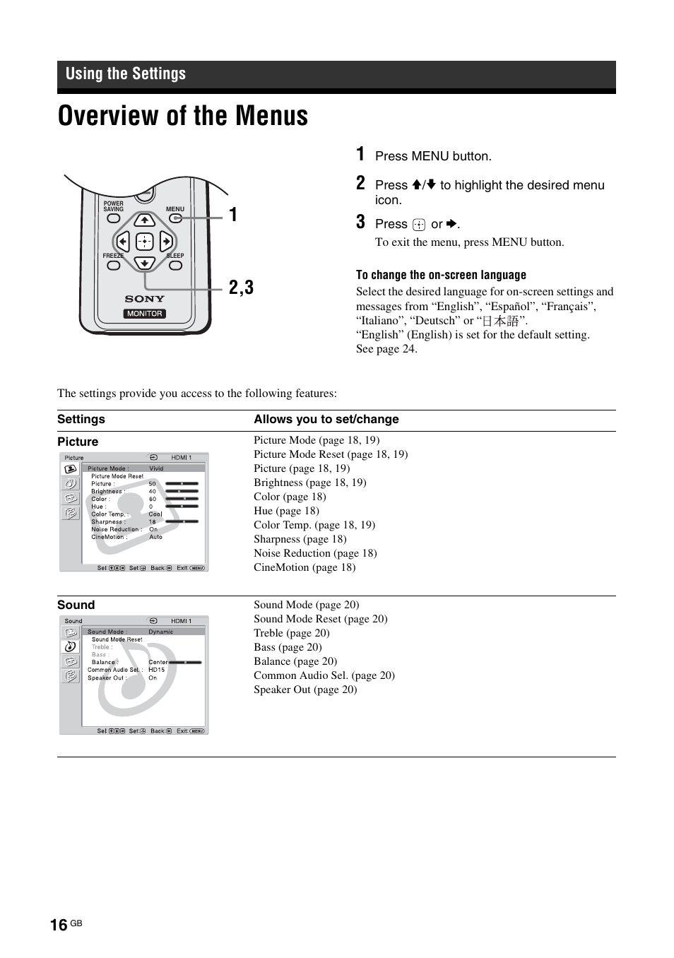 Using the settings, Overview of the menus, Press menu button | Press, Press or | Sony KLH-W26 User Manual | Page 48 / 215