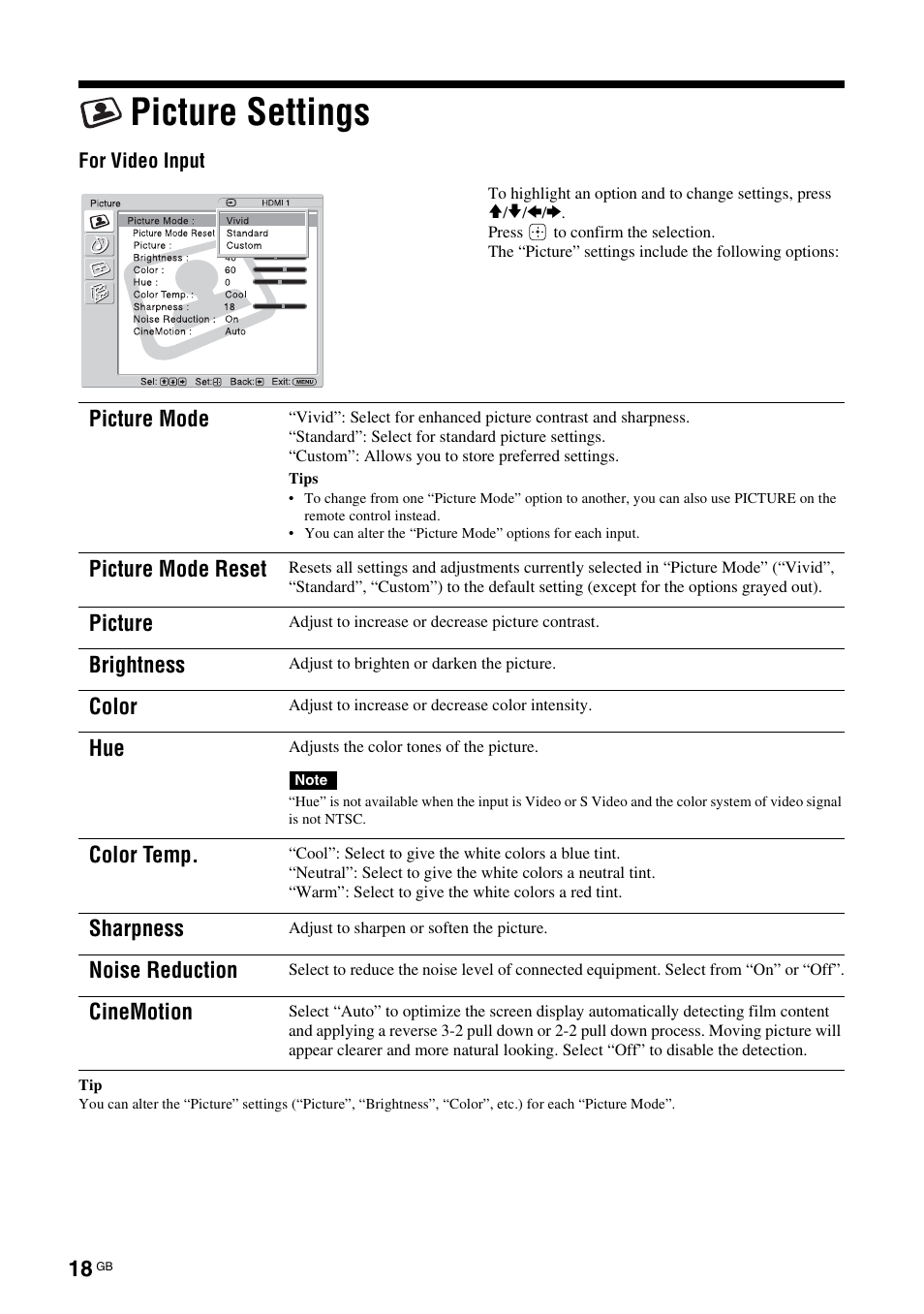 Picture settings, Picture mode, Picture mode reset | Picture, Brightness, Color, Color temp, Sharpness, Noise reduction, Cinemotion | Sony KLH-W26 User Manual | Page 50 / 215