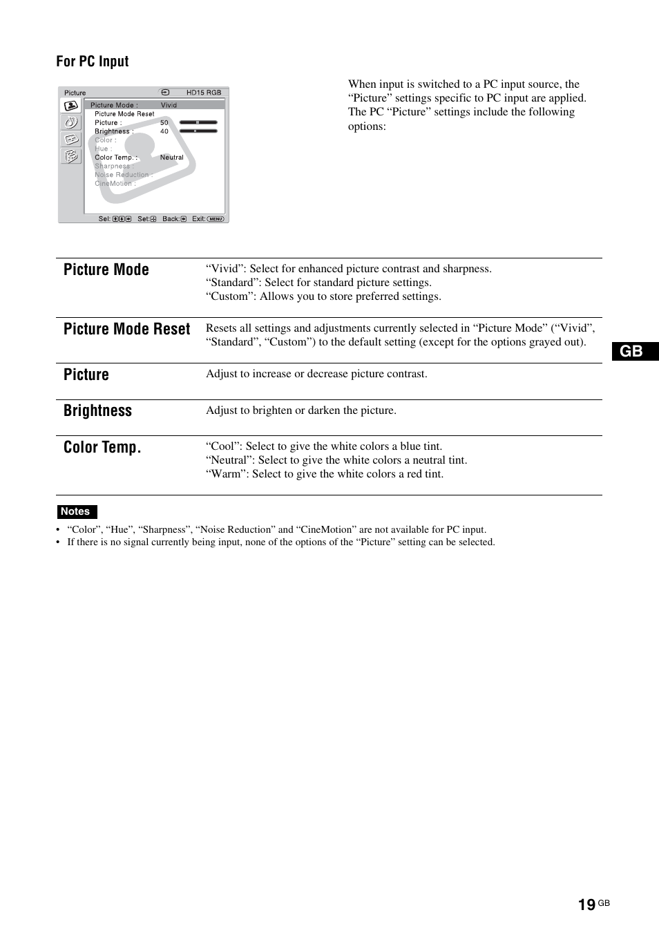 Picture mode, Picture mode reset, Picture | Brightness, Color temp, For pc input | Sony KLH-W26 User Manual | Page 51 / 215