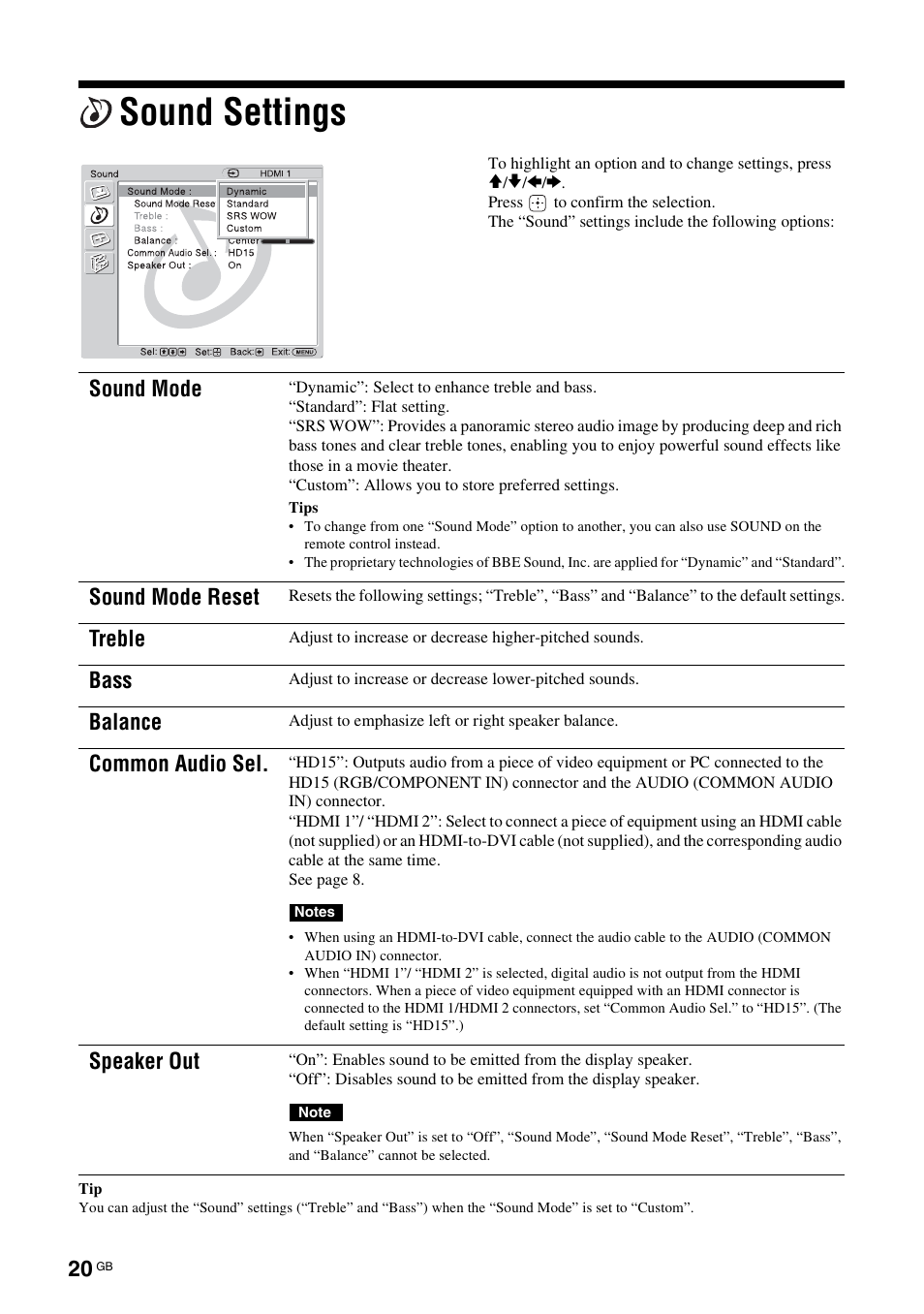 Sound settings, Sound mode, Sound mode reset | Treble, Bass, Balance, Common audio sel, Speaker out | Sony KLH-W26 User Manual | Page 52 / 215