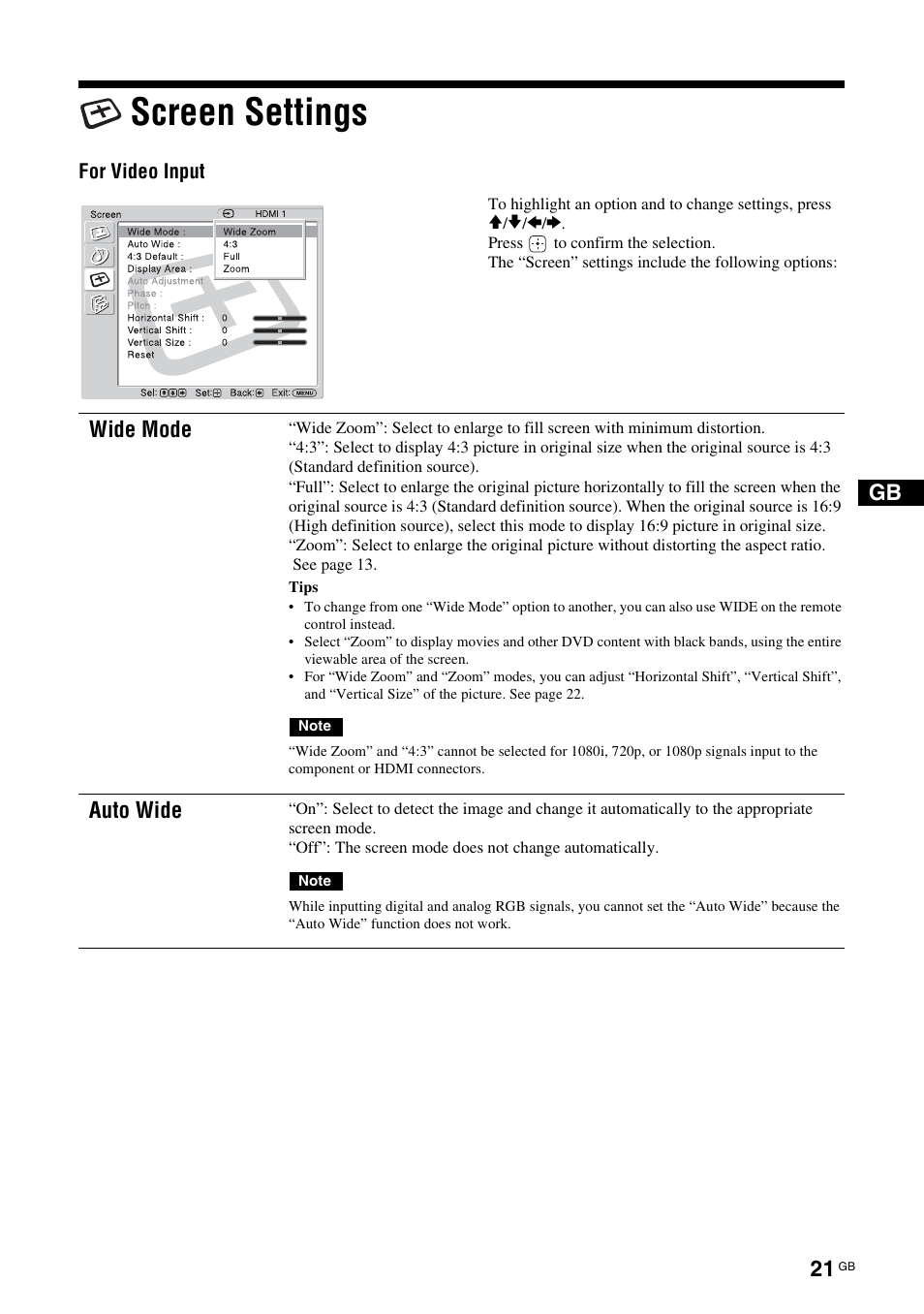 Screen settings, Wide mode, Auto wide | For video input | Sony KLH-W26 User Manual | Page 53 / 215