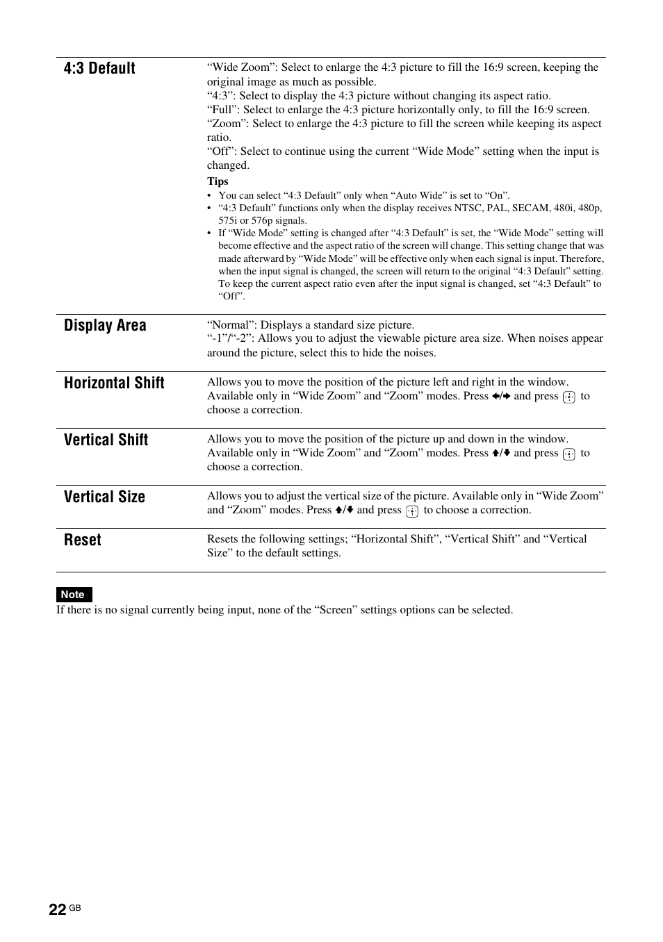 3 default, Display area, Horizontal shift | Vertical shift, Vertical size, Reset | Sony KLH-W26 User Manual | Page 54 / 215