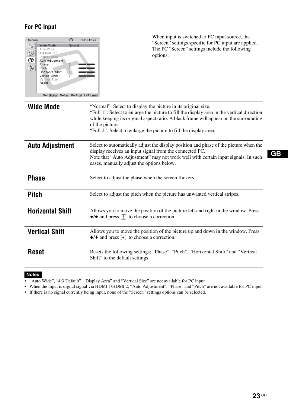 Wide mode, Auto adjustment, Phase | Pitch, Horizontal shift, Vertical shift, Reset | Sony KLH-W26 User Manual | Page 55 / 215