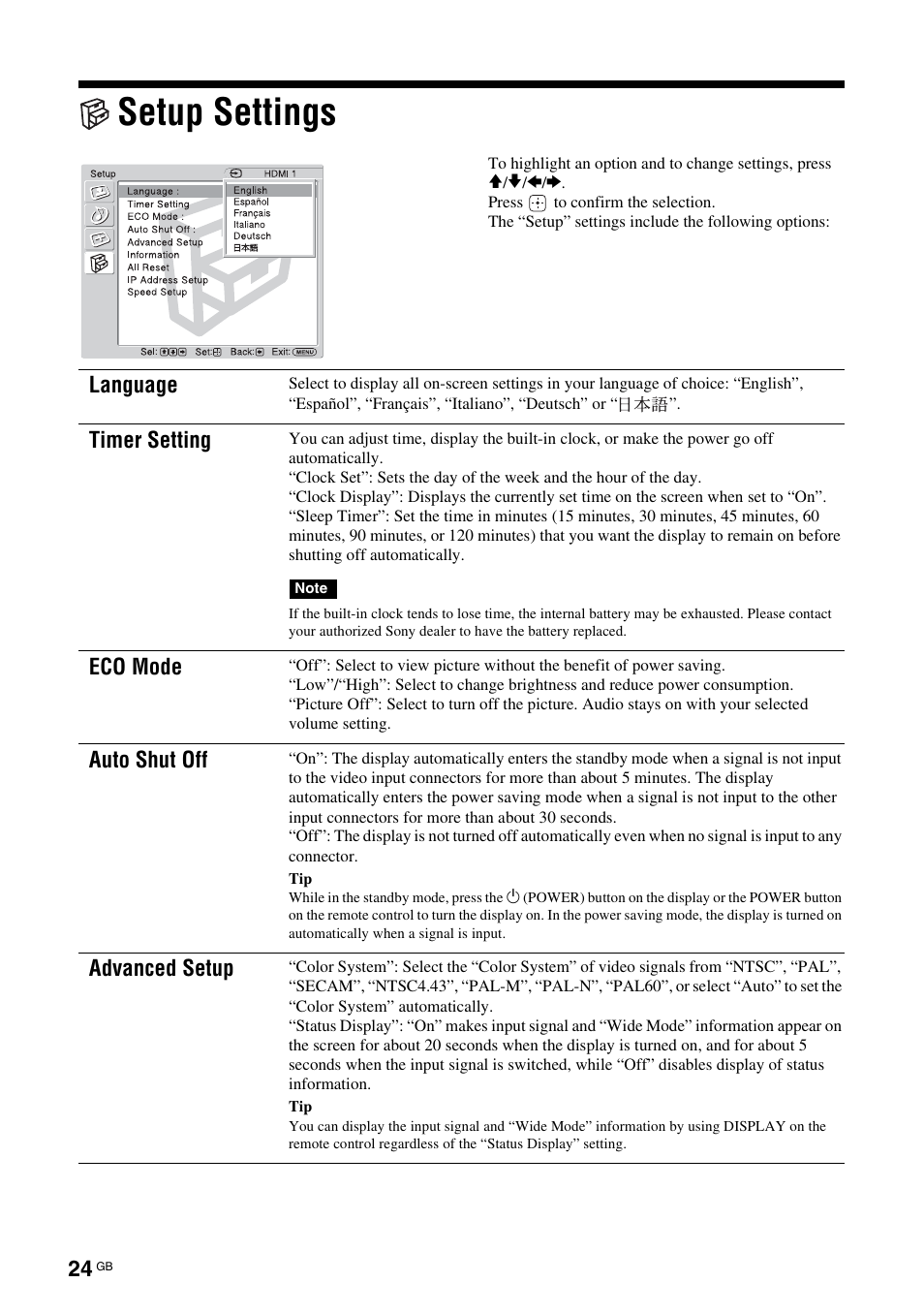 Setup settings, Language, Timer setting | Eco mode, Auto shut off, Advanced setup | Sony KLH-W26 User Manual | Page 56 / 215