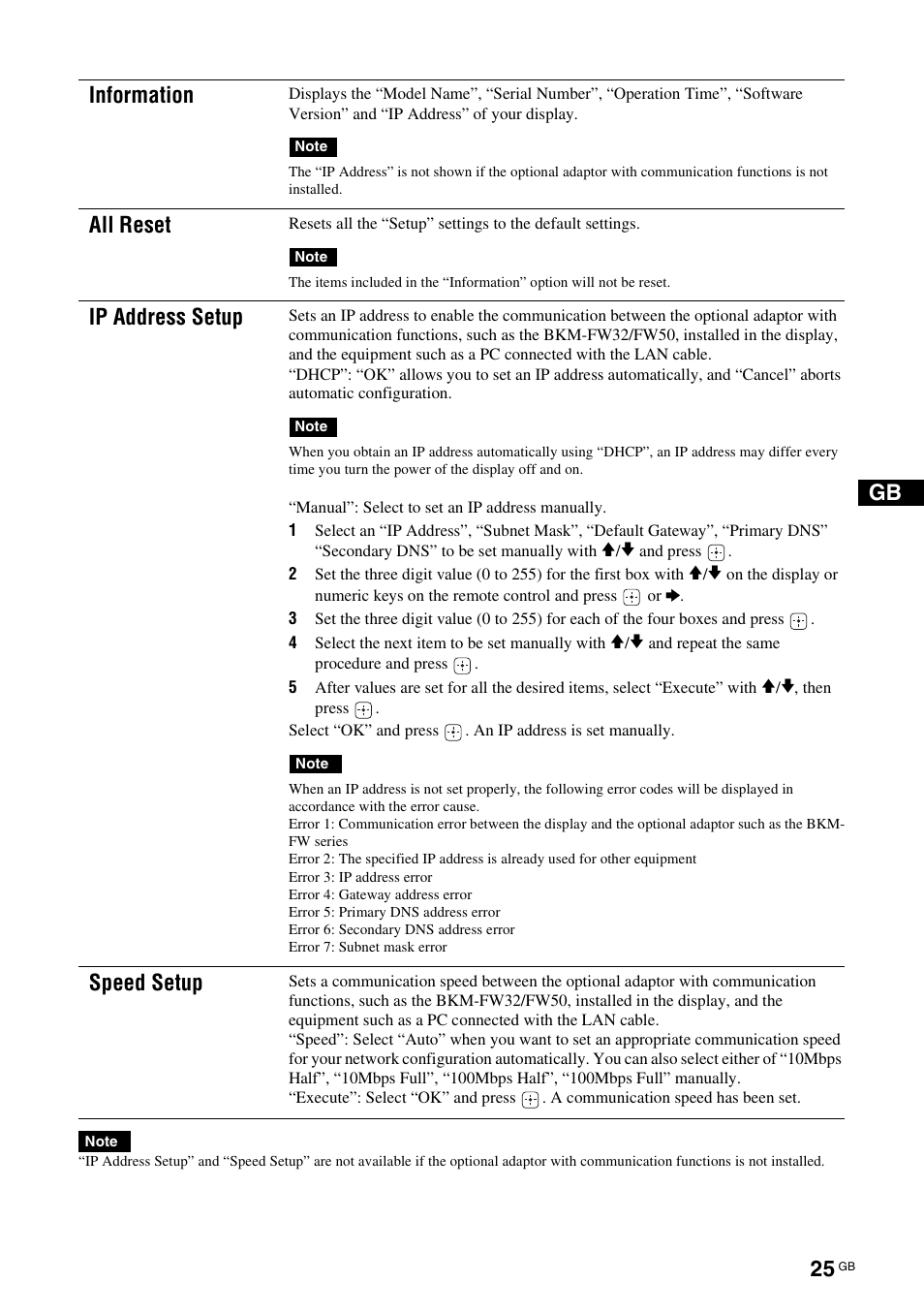 Information, All reset, Ip address setup | Speed setup | Sony KLH-W26 User Manual | Page 57 / 215