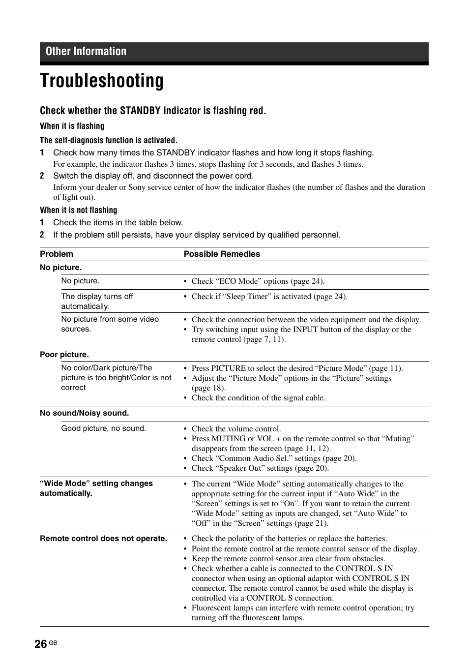 Other information, Troubleshooting | Sony KLH-W26 User Manual | Page 58 / 215