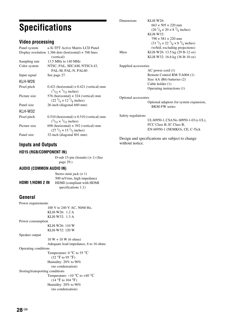 Specifications, Video processing, Inputs and outputs | General | Sony KLH-W26 User Manual | Page 60 / 215