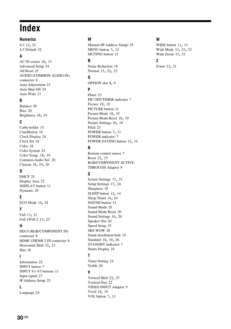 Index | Sony KLH-W26 User Manual | Page 62 / 215