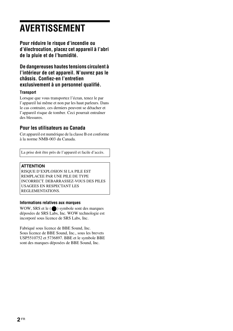 Avertissement | Sony KLH-W26 User Manual | Page 64 / 215