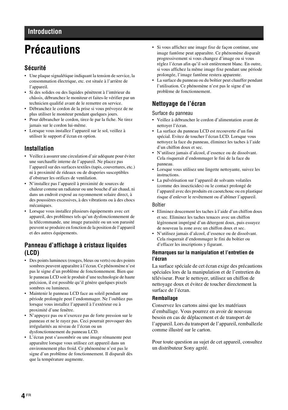 Introduction, Précautions, Sécurité | Installation, Panneau d’affichage à cristaux liquides (lcd), Nettoyage de l’écran | Sony KLH-W26 User Manual | Page 66 / 215