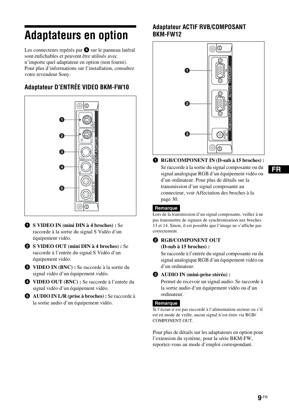 Adaptateurs en option, Adaptateur d’entrée video bkm-fw10, Adaptateur actif rvb/composant bkm-fw12 | Sony KLH-W26 User Manual | Page 71 / 215