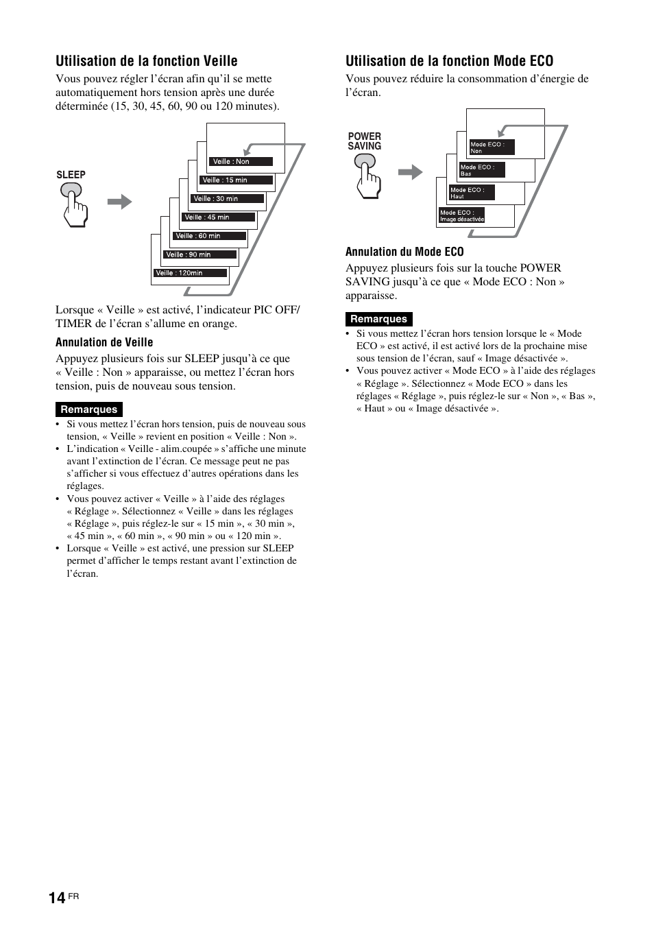 Utilisation de la fonction veille, Utilisation de la fonction mode eco | Sony KLH-W26 User Manual | Page 76 / 215