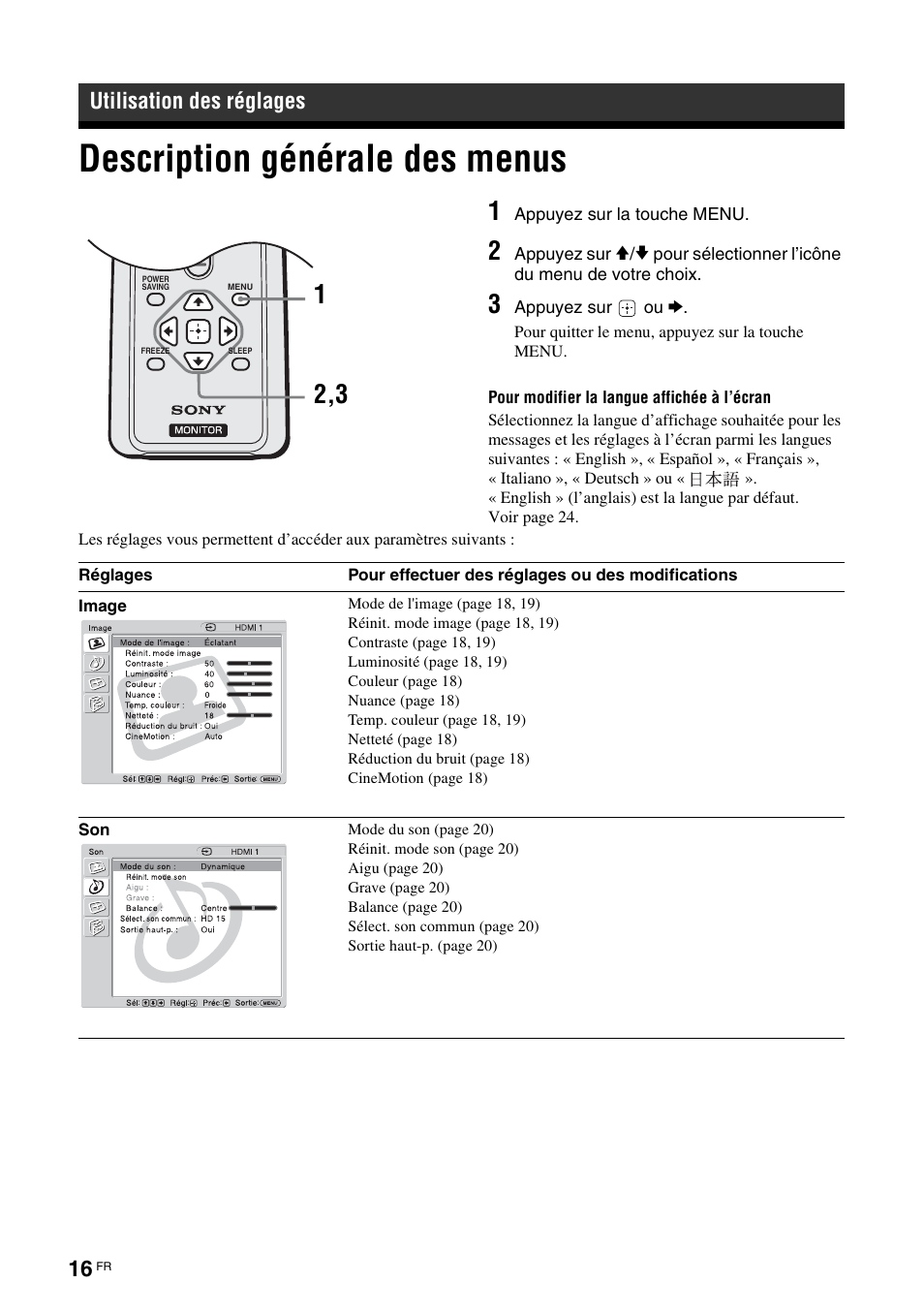 Utilisation des réglages, Description générale des menus, Appuyez sur la touche menu | Appuyez sur, Pour sélectionner l’icône du menu de votre choix, Appuyez sur ou | Sony KLH-W26 User Manual | Page 78 / 215