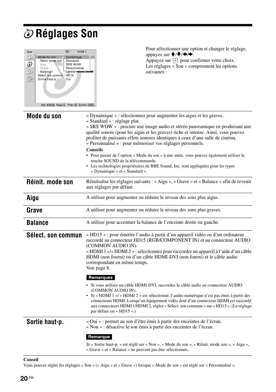 Réglages son, Mode du son, Réinit. mode son | Aigu, Grave, Balance, Sélect. son commun, Sortie haut-p | Sony KLH-W26 User Manual | Page 82 / 215