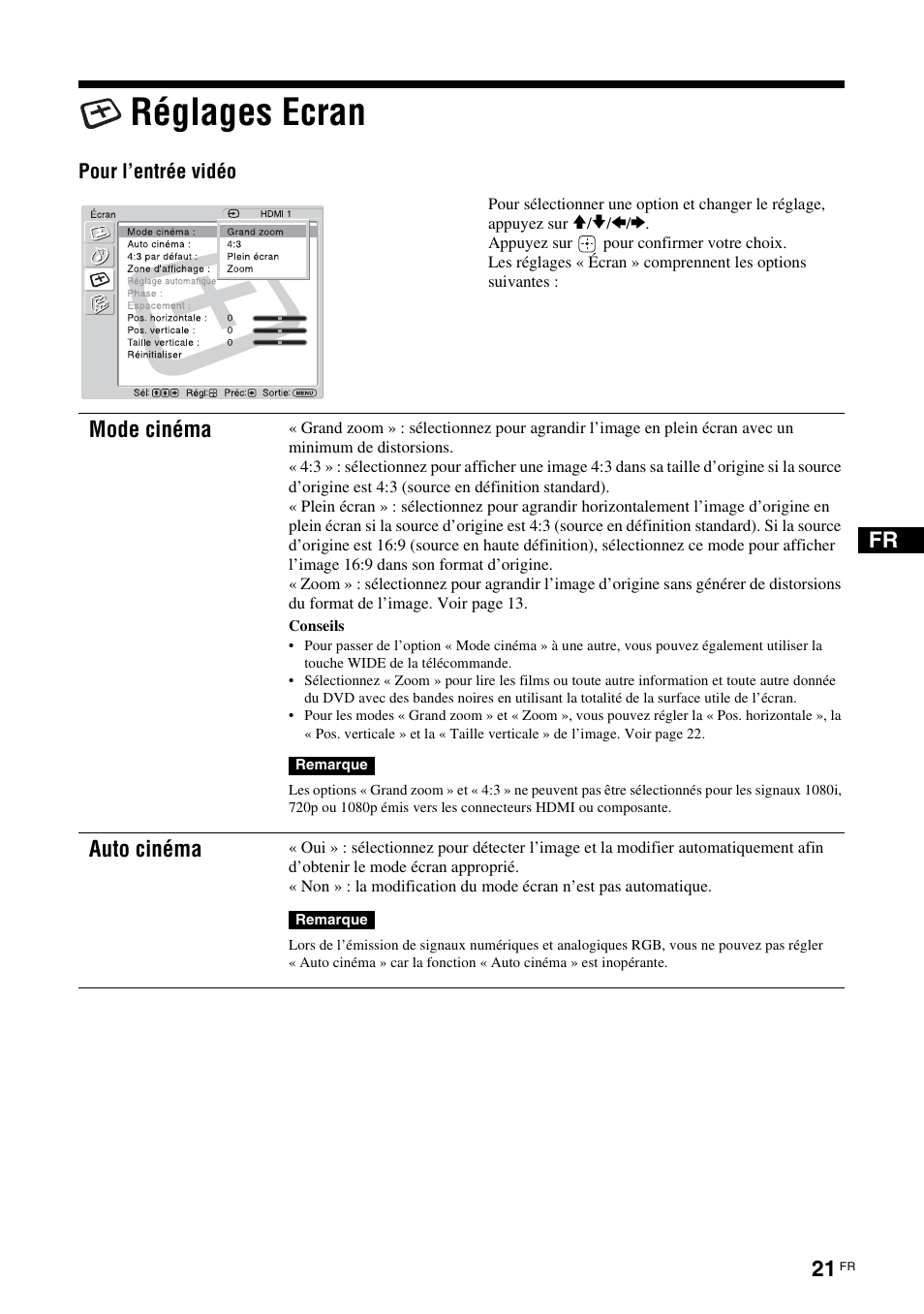 Réglages ecran, Mode cinéma, Auto cinéma | Pour l’entrée vidéo | Sony KLH-W26 User Manual | Page 83 / 215