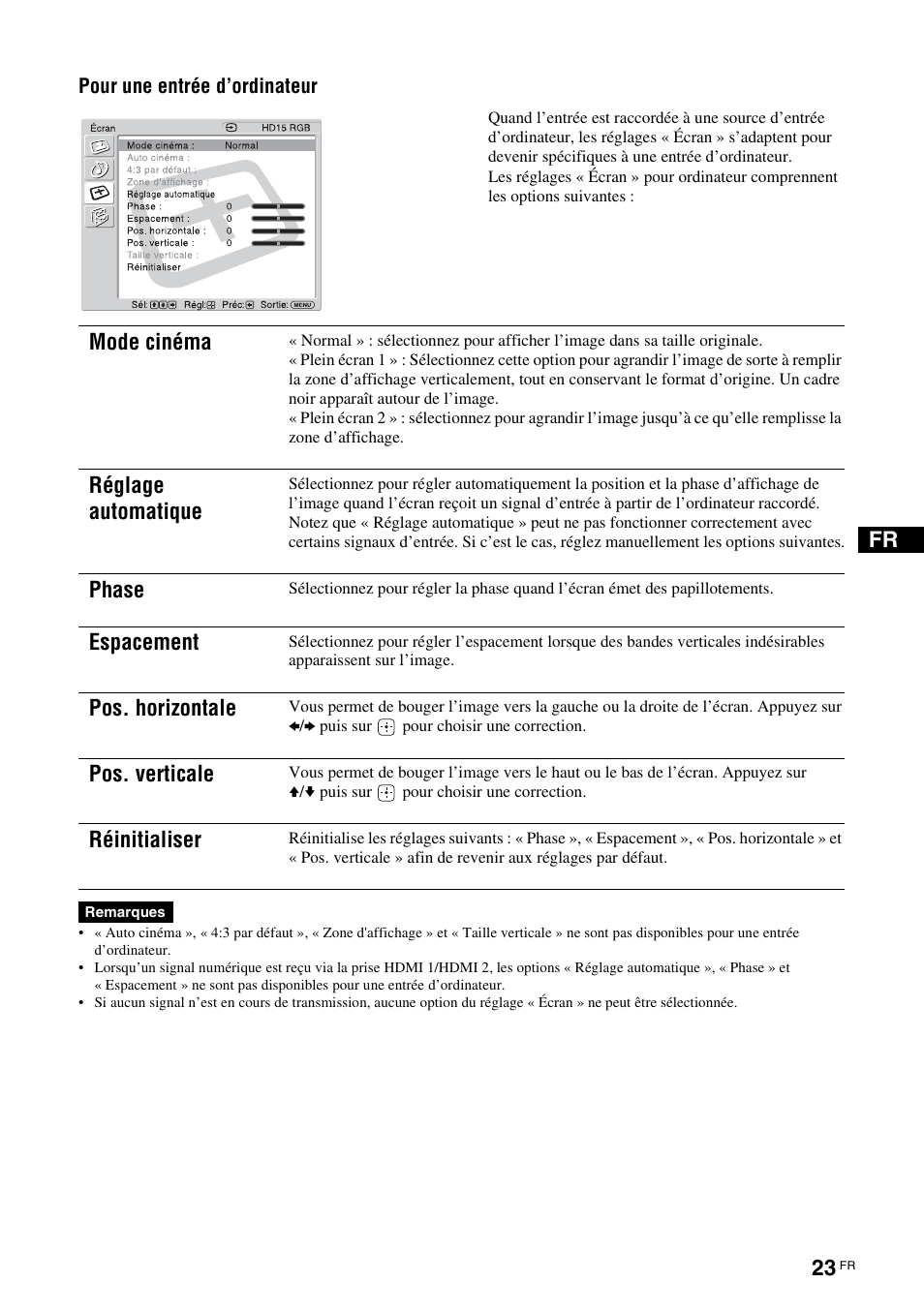 Mode cinéma, Réglage automatique, Phase | Espacement, Pos. horizontale, Pos. verticale, Réinitialiser | Sony KLH-W26 User Manual | Page 85 / 215