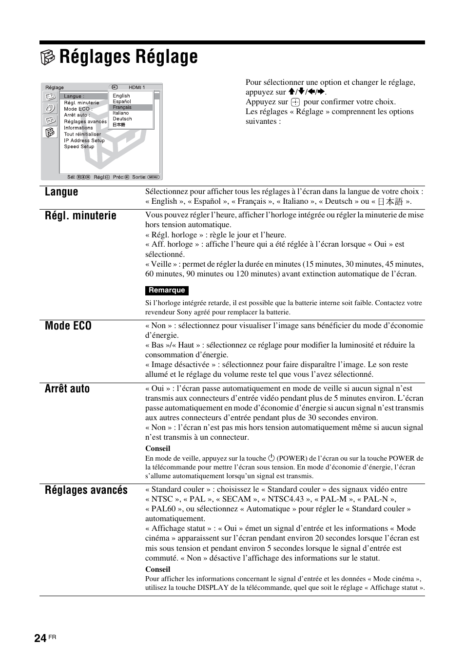 Réglages réglage, Langue, Régl. minuterie | Mode eco, Arrêt auto, Réglages avancés | Sony KLH-W26 User Manual | Page 86 / 215