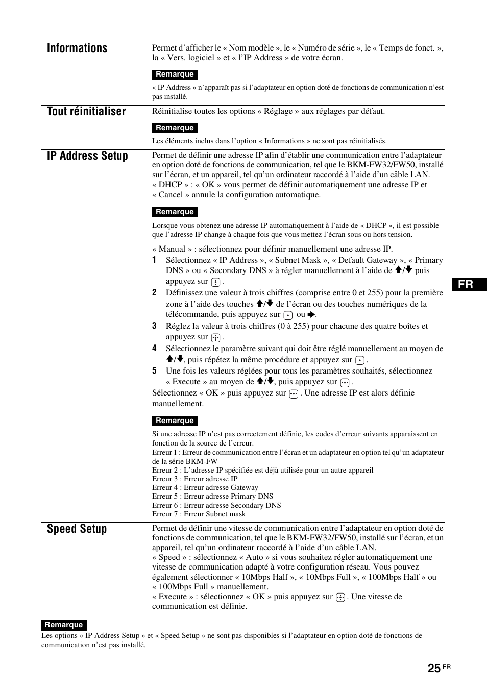 Informations, Tout réinitialiser, Ip address setup | Speed setup | Sony KLH-W26 User Manual | Page 87 / 215