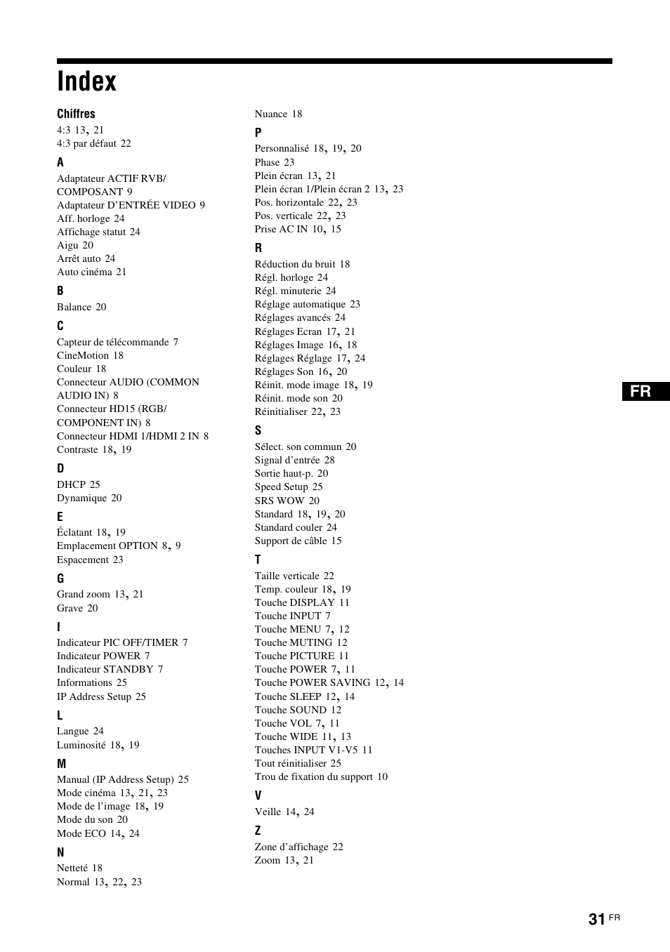 Index | Sony KLH-W26 User Manual | Page 93 / 215