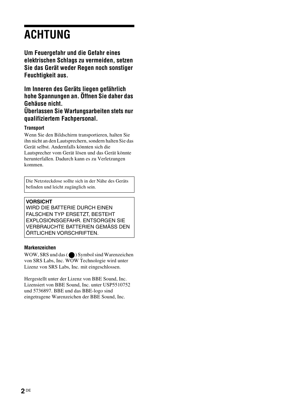 Achtung | Sony KLH-W26 User Manual | Page 94 / 215