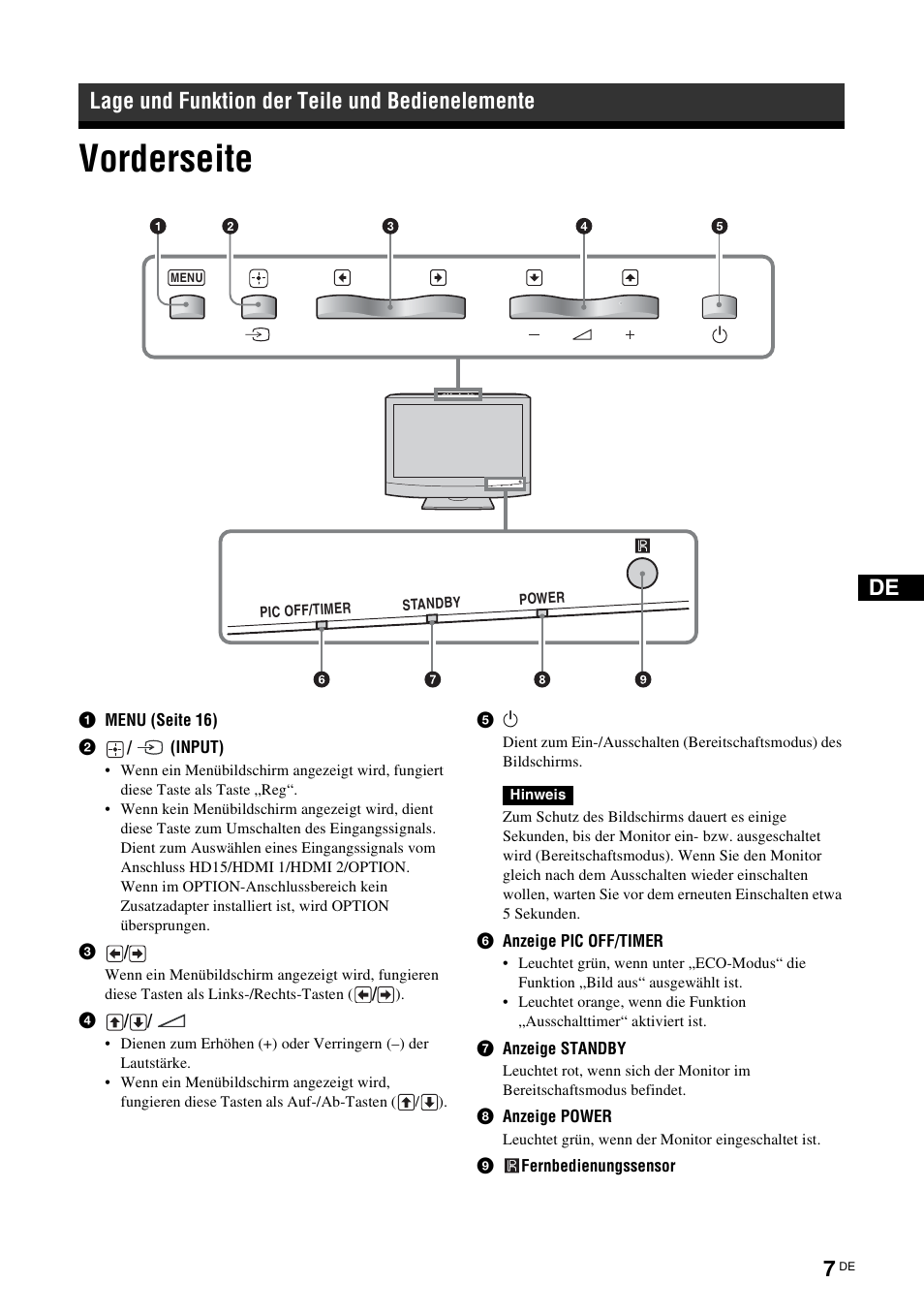 Lage und funktion der teile und bedienelemente, Vorderseite | Sony KLH-W26 User Manual | Page 99 / 215