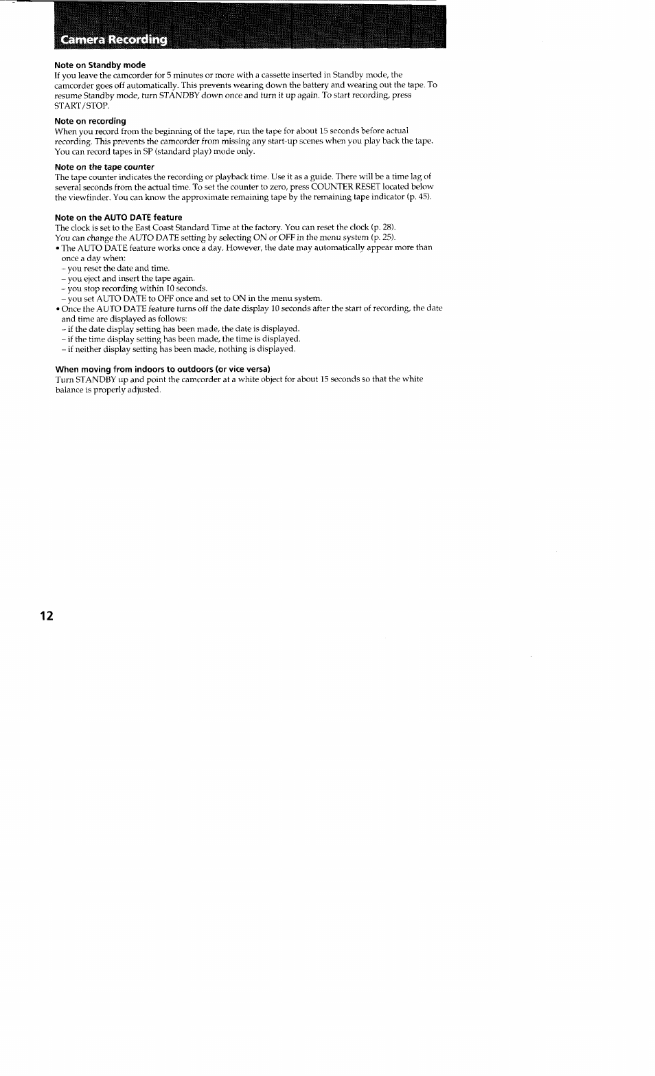 Note on standby mode, Note on recording, Note on the tape counter | Note on the auto date feature | Sony CCD-TR23 User Manual | Page 12 / 48