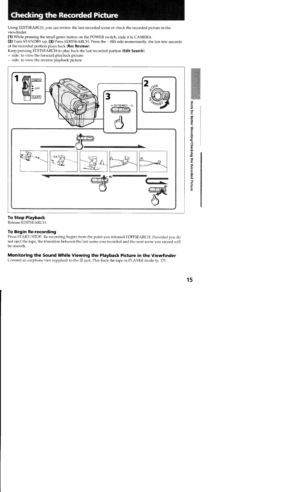 Checking the recorded picture, To stop playback, To begin re-recording | Sony CCD-TR23 User Manual | Page 15 / 48