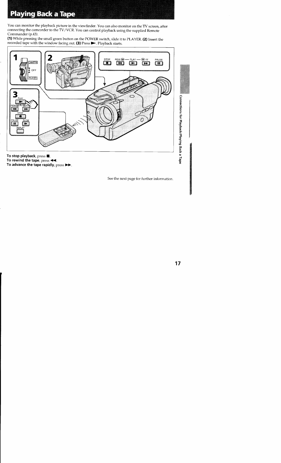 Playing back a tape, To stop playback, press | Sony CCD-TR23 User Manual | Page 17 / 48