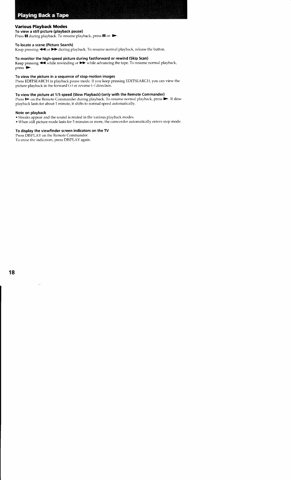 Various playback modes, To view a still picture (playback pause), To locate a scene (picture search) | Note on playback | Sony CCD-TR23 User Manual | Page 18 / 48