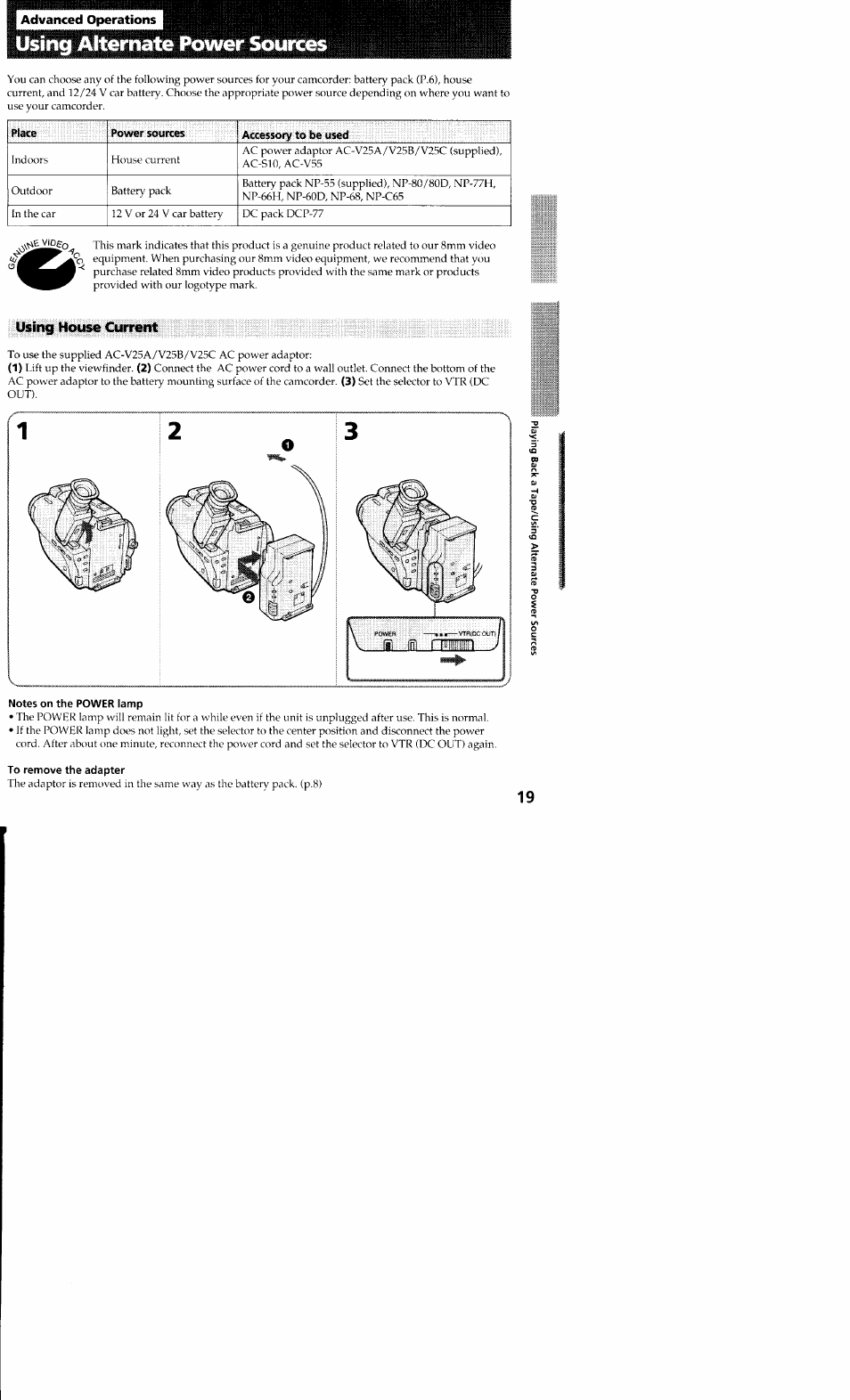 Advanced operations, Using alternate power sources, Using house current | Notes on the power lamp, To remove the adapter | Sony CCD-TR23 User Manual | Page 19 / 48