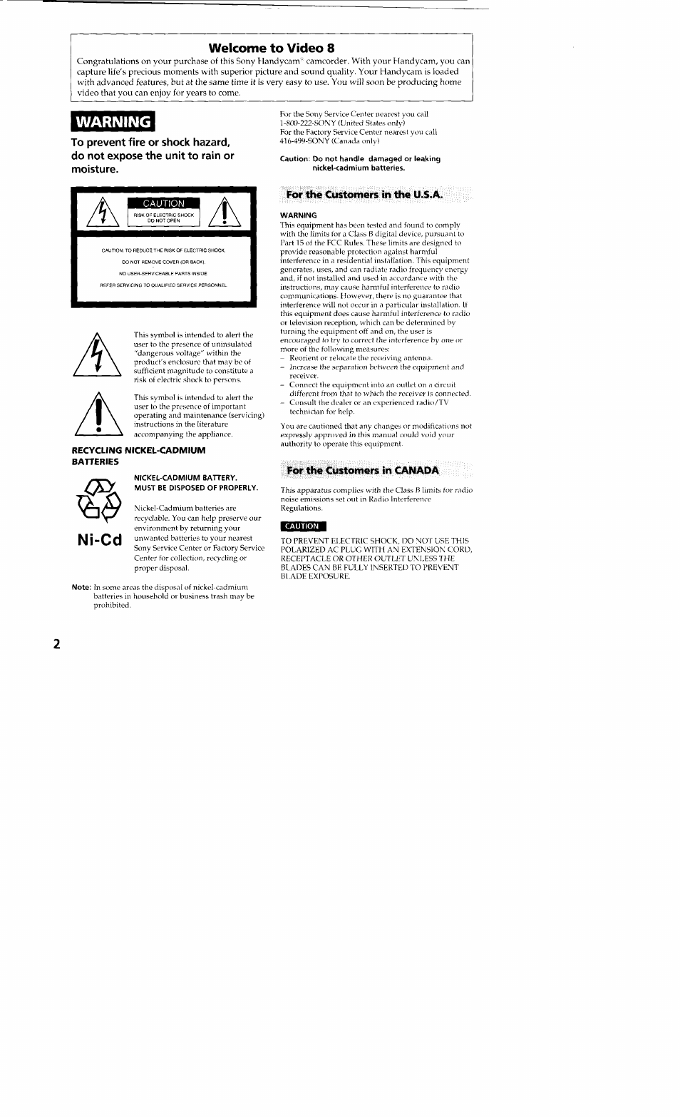 Caution, Warning, Ni-cd | Welcome to video 8 | Sony CCD-TR23 User Manual | Page 2 / 48