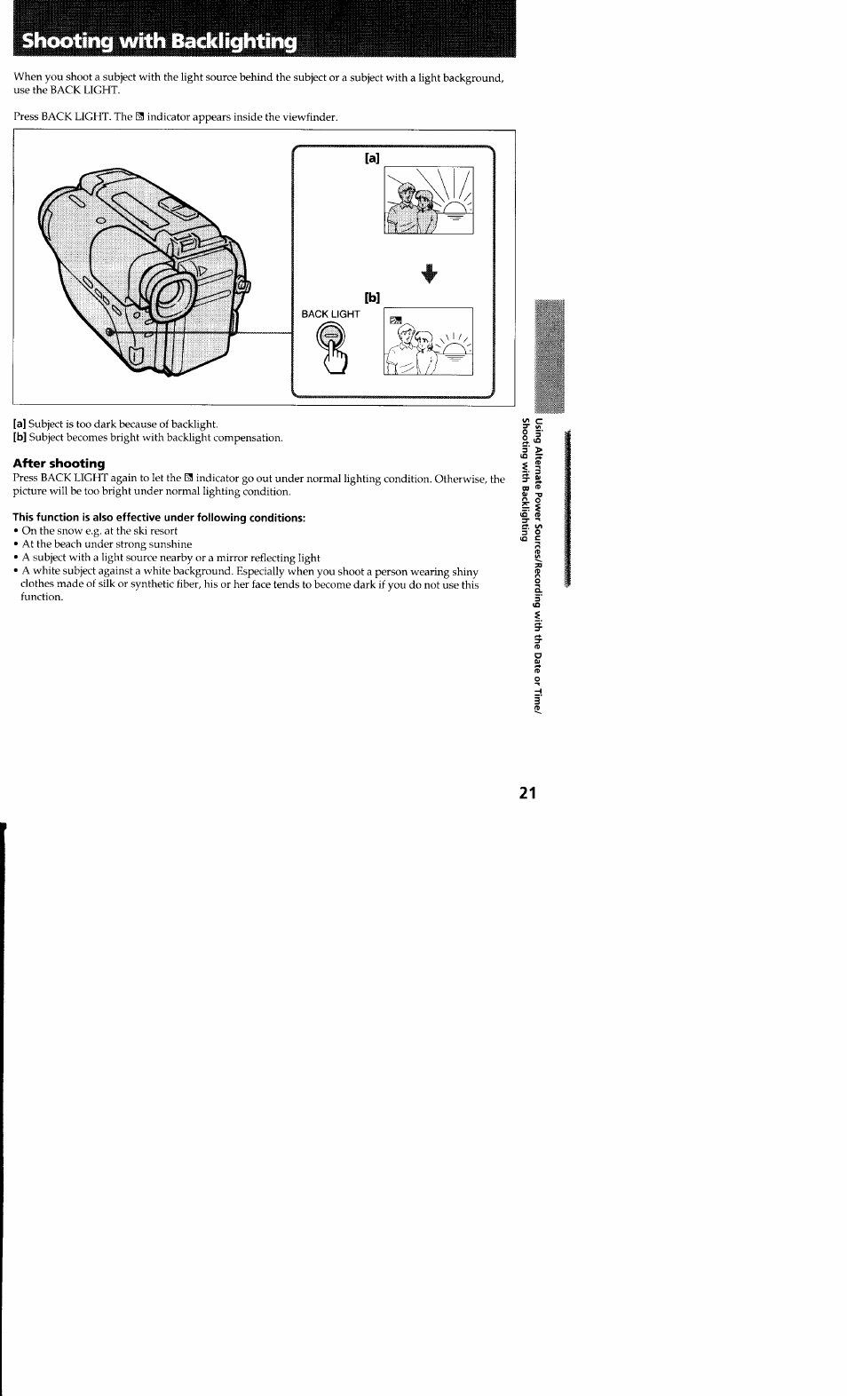 Shooting with backlighting, After shooting | Sony CCD-TR23 User Manual | Page 21 / 48