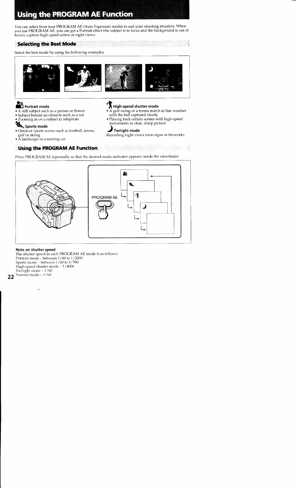 Using ttie program ae function, Selecting the best mode, Sports mode | High-speed shutter mode, Twilight mode, Using the program ae function, Note on shutter speed | Sony CCD-TR23 User Manual | Page 22 / 48