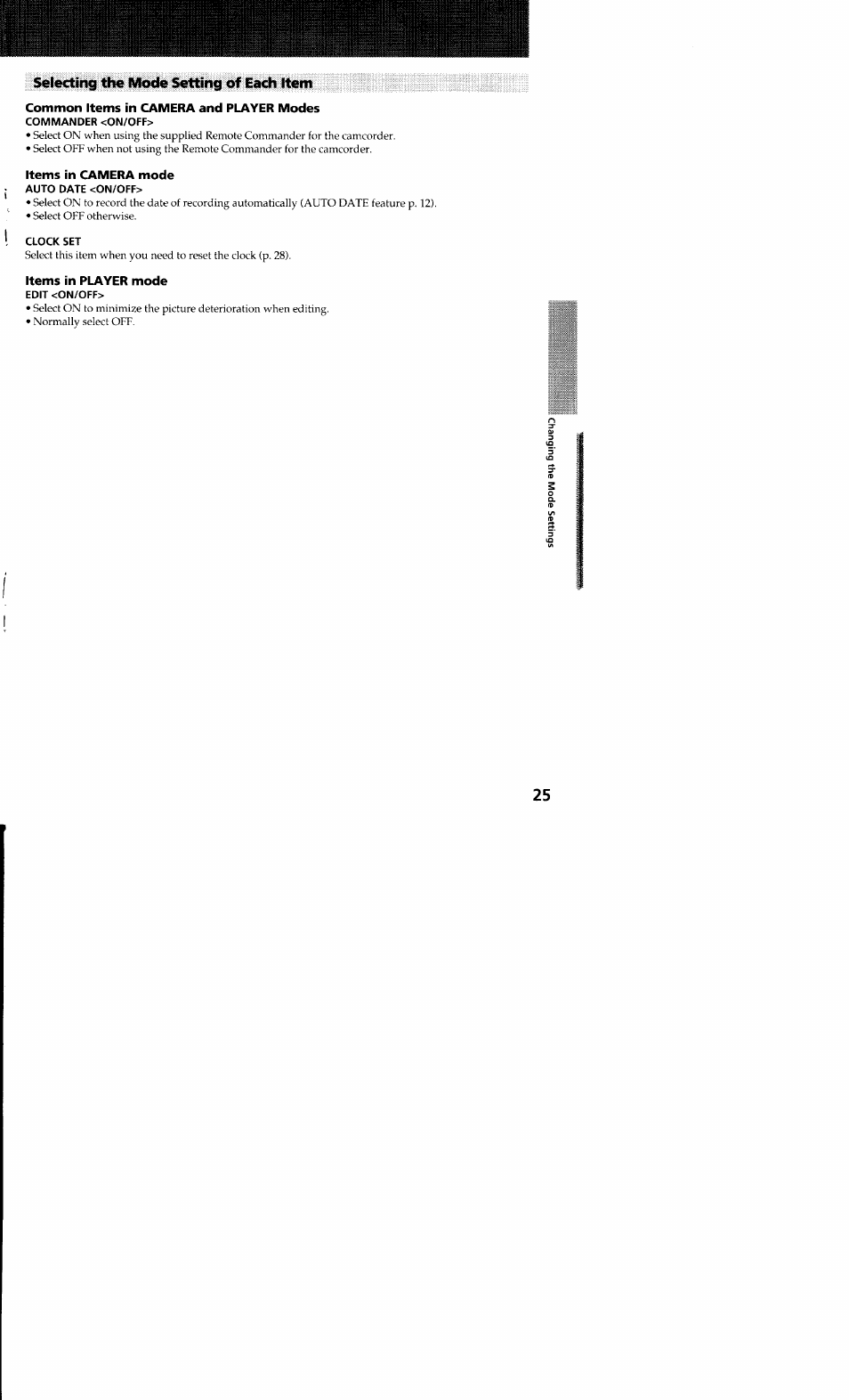 Common items in camera and player modes, Commander <on/off, Items in camera mode | Auto date <on/off, Clock set, Items in player mode, Edit <on/off | Sony CCD-TR23 User Manual | Page 25 / 48