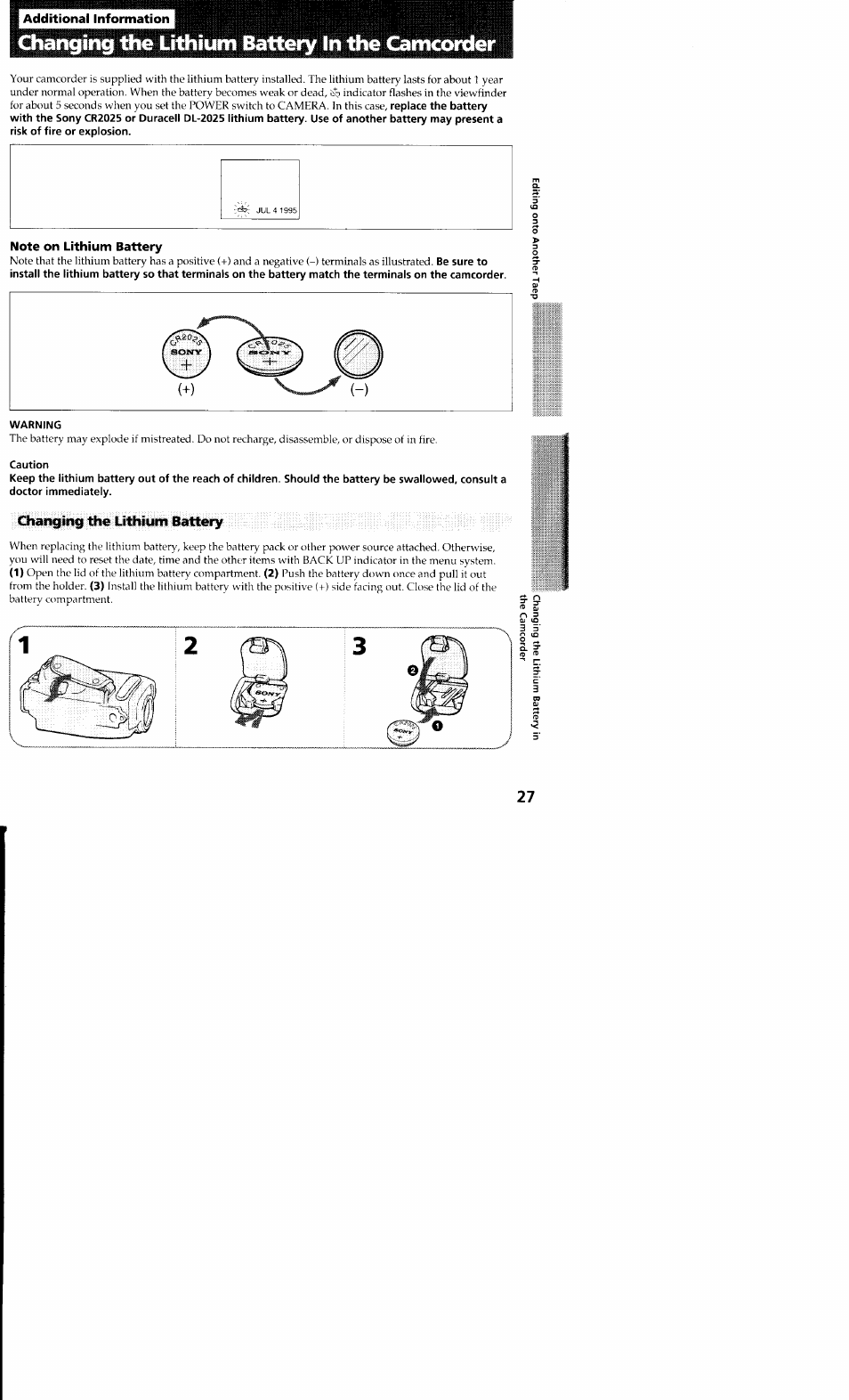 Additional information, Changing the lithium battery in the camcorder, Note on lithium battery | Warning, Caution, Oianging the lithium battery | Sony CCD-TR23 User Manual | Page 27 / 48