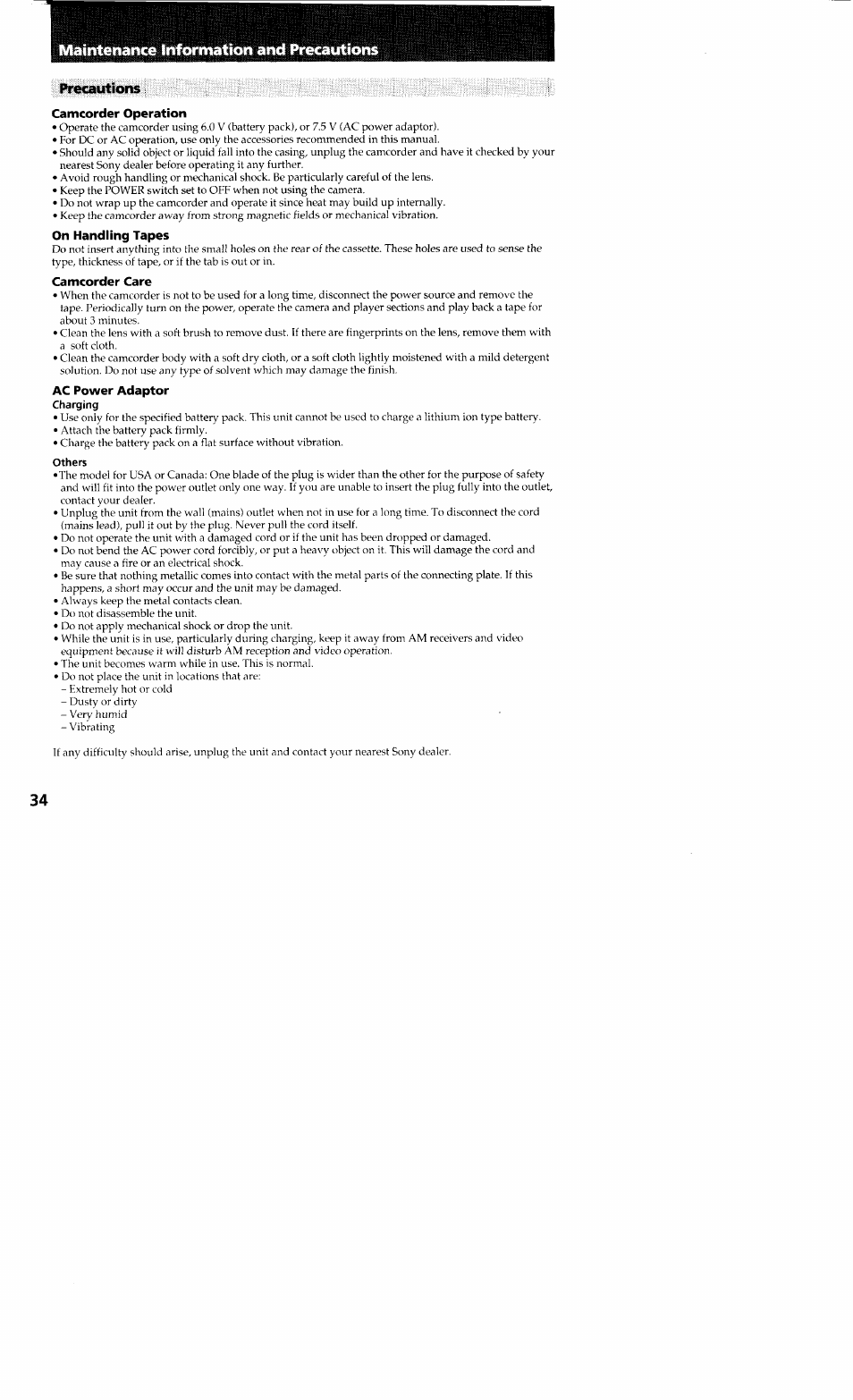 Precautions, Camcorder operation, On handling tapes | Camcorder care, Ac power adaptor, Charging, Others | Sony CCD-TR23 User Manual | Page 34 / 48