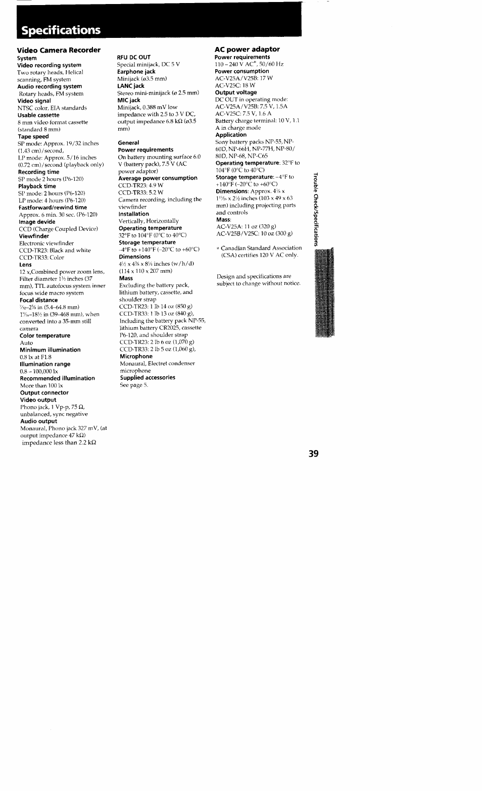 Specifications, Video camera recorder, Ac power adaptor | Sony CCD-TR23 User Manual | Page 39 / 48