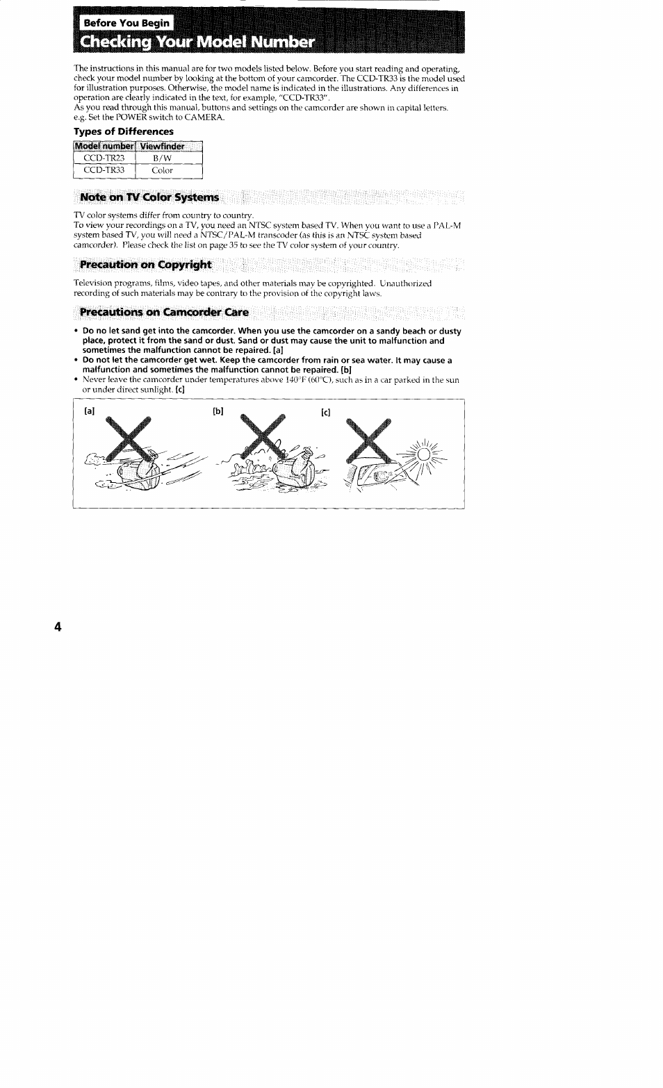 Checking your model number, Note on tv color systems, Precaution on copyright | Precautions on camcorder care | Sony CCD-TR23 User Manual | Page 4 / 48