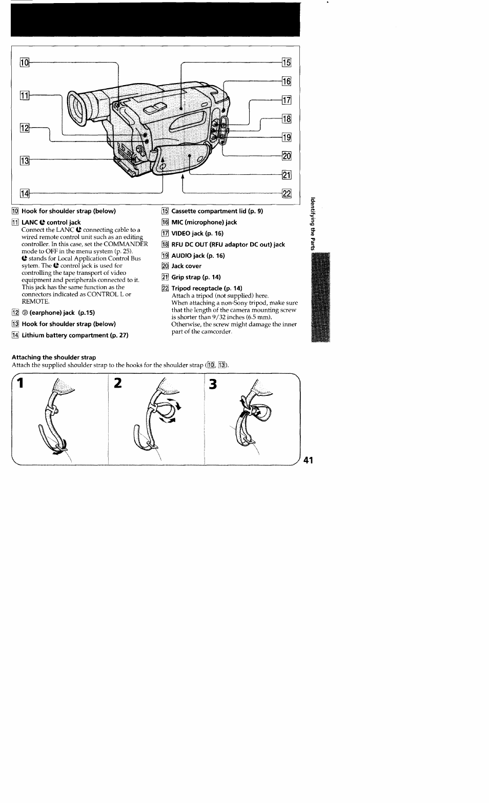 Ni lanc c control jack, M mic (microphone) jack 07] video jack (p. 16), Attaching the shoulder strap | Sony CCD-TR23 User Manual | Page 41 / 48