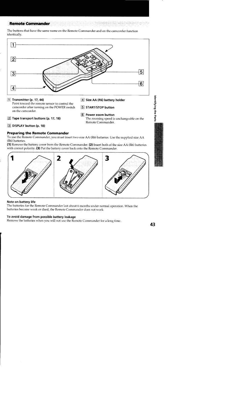 Remote commander, T] transmitter (p. 17, 44), 2] tape transport buttons (p. 17,18) | 3] display button (p. 18), 4] size aa (r6) battery holder, 5] start/stop button, 6] power zoom button, Preparing the remote commander, Note on battery life, To avoid damage from possible battery leakage | Sony CCD-TR23 User Manual | Page 43 / 48