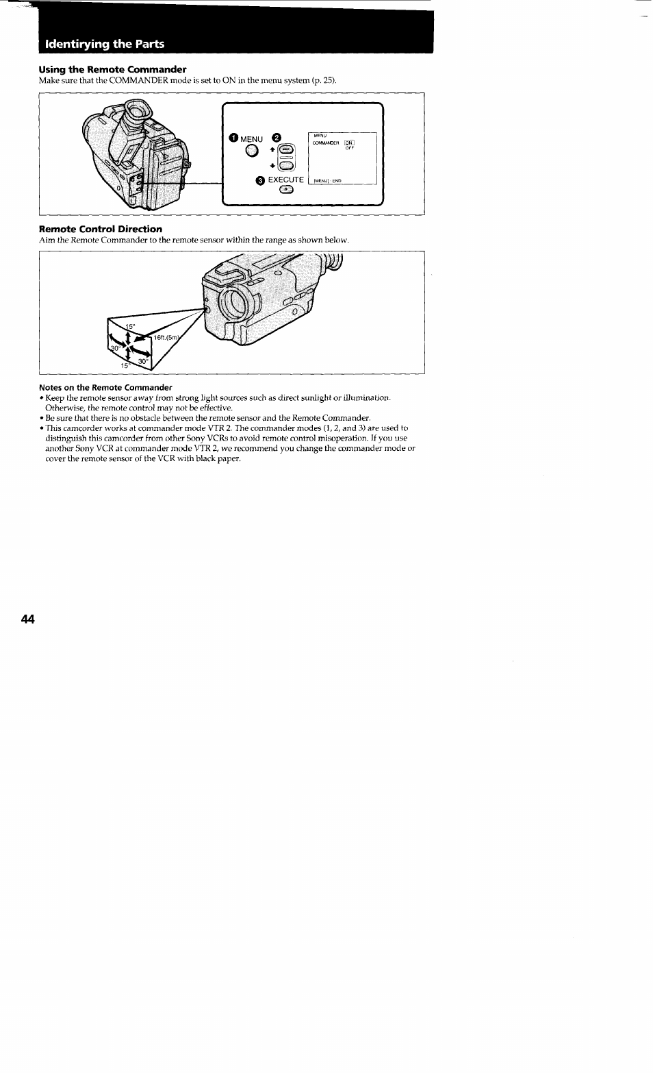 Using the remote commander, Remote control direction, Notes on the remote commander | Identirying the parts | Sony CCD-TR23 User Manual | Page 44 / 48